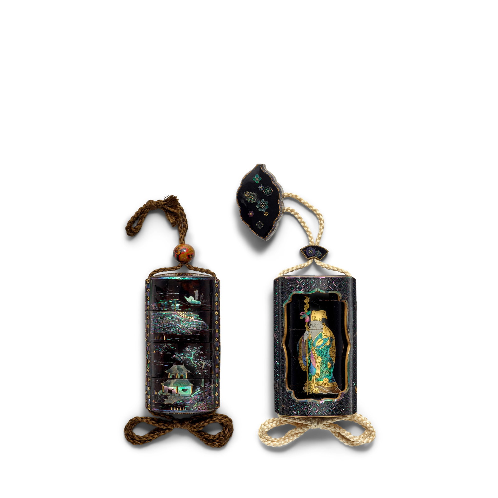 TWO SHELL-INLAID INRŌ (MEDICINE CONTAINERS) Edo period (1615-1868), 19th century (2): TWO SHELL-INLAID INRŌ (MEDICINE CONTAINERS) Edo period (1615-1868), 19th century Both with fine iridescent shell and metal foil inlaid in polished black lacquer in Somada style, the first a saya 