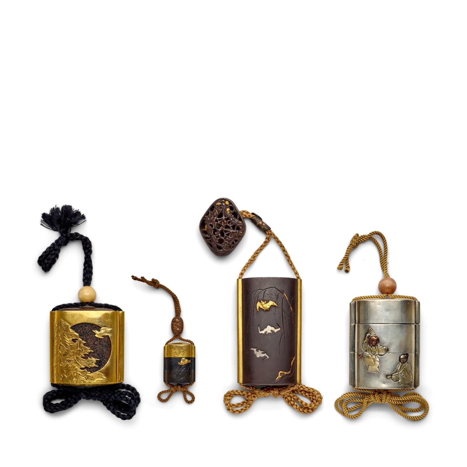 FOUR METAL INRŌ (MEDICINE CONTAINERS) Edo period (1615-1868) or Meiji era (1868-1912), 19th...: FOUR METAL INRŌ (MEDICINE CONTAINERS) Edo period (1615-1868) or Meiji era (1868-1912), 19th century The first of three cases, saya-inrō (sheath inrō) type, rounded rectangular section w