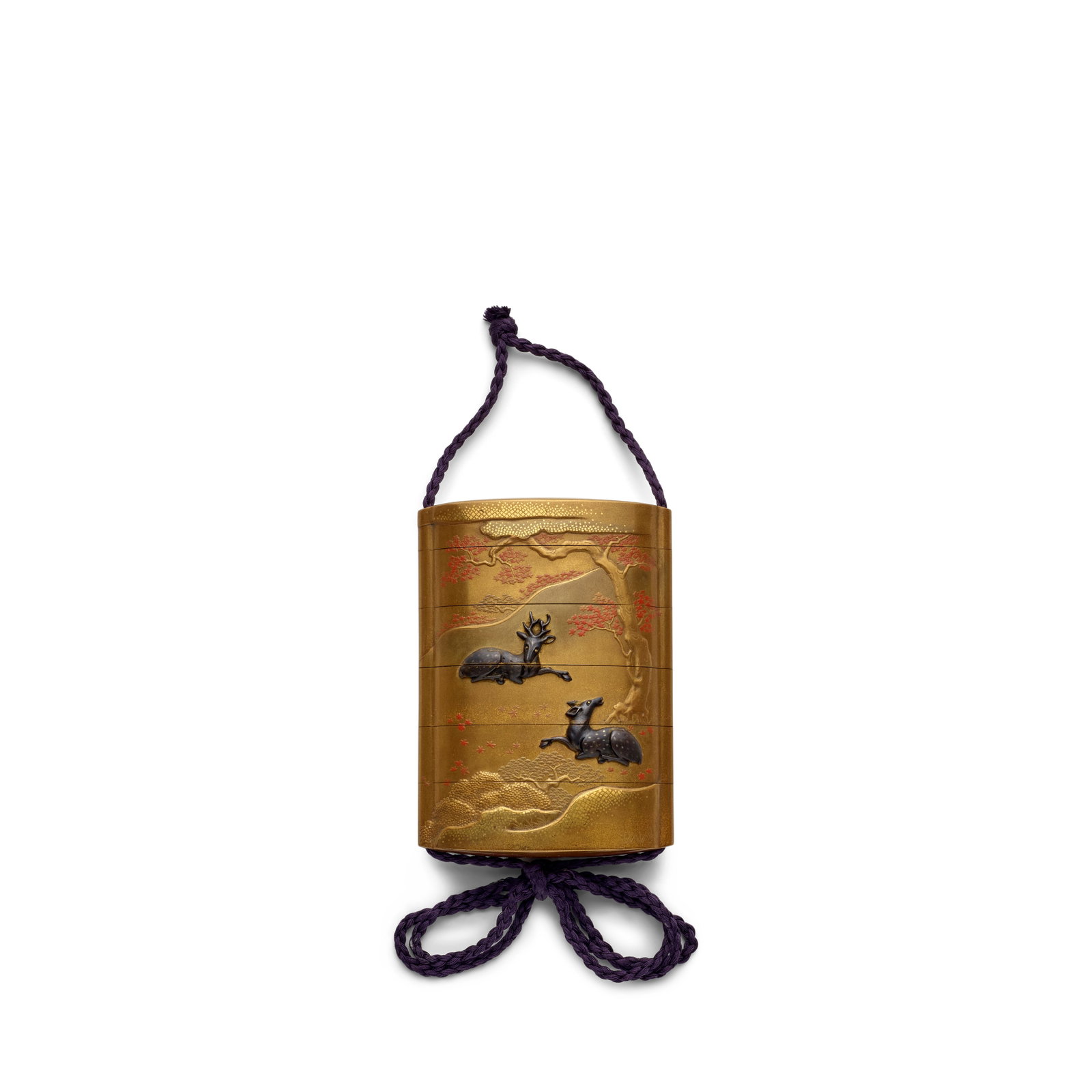 A GOLD-LACQUER INRŌ (MEDICINE CONTAINER) WITH APPLIED METAL DECORATION Edo period (1615-186...: A GOLD-LACQUER INRŌ (MEDICINE CONTAINER) WITH APPLIED METAL DECORATION Edo period (1615-1868) or Meiji era (1868-1912), 19th century Of five cases, rounded rectangular section with applied himot&