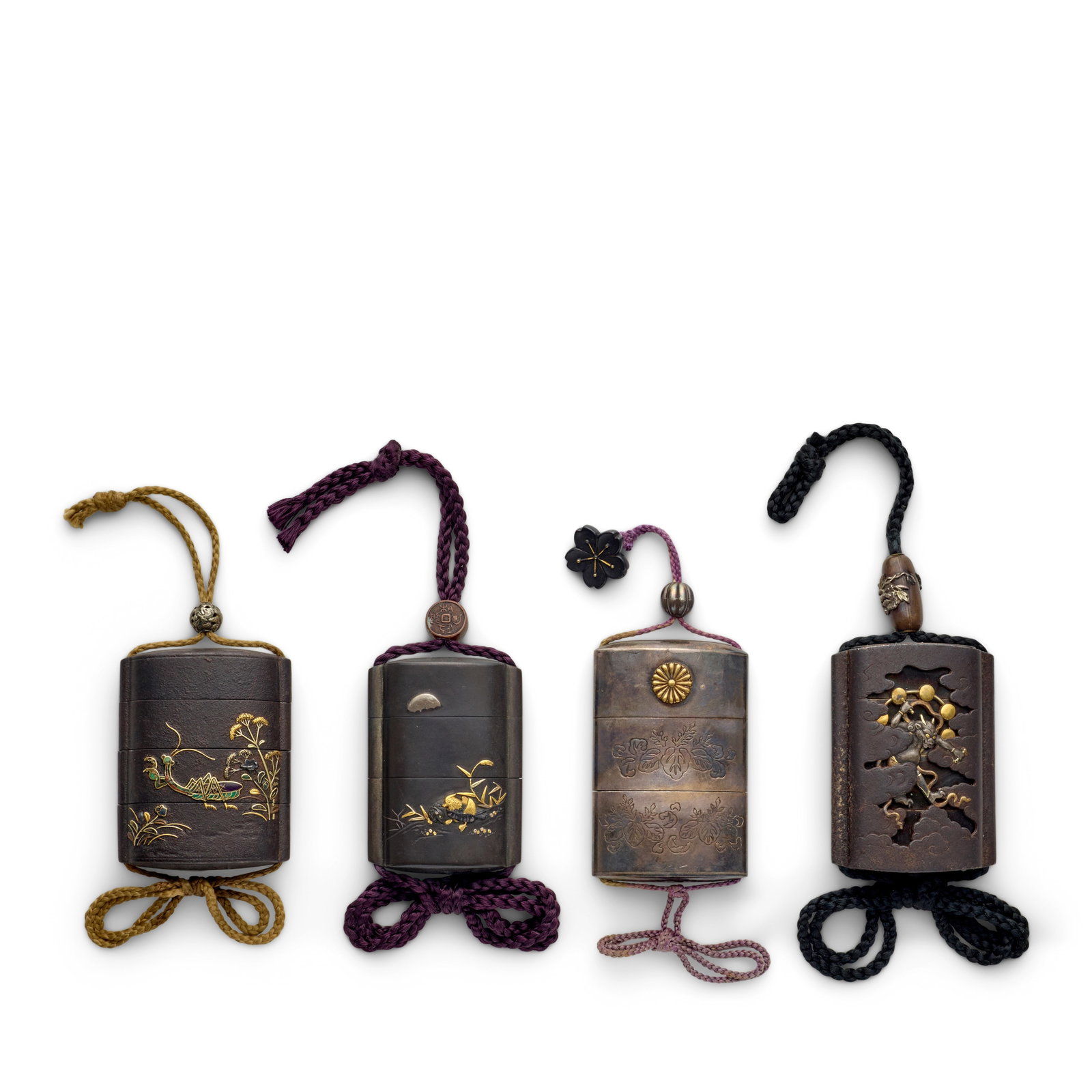 FOUR MIXED-METAL INRŌ (MEDICINE CONTAINERS) Edo period (1615-1868) or Meiji era (1868-1912)...: FOUR MIXED-METAL INRŌ (MEDICINE CONTAINERS) Edo period (1615-1868) or Meiji era (1868-1912), 19th century The first of saya-inrō (sheath inrō) type, rounded rectangular section with app
