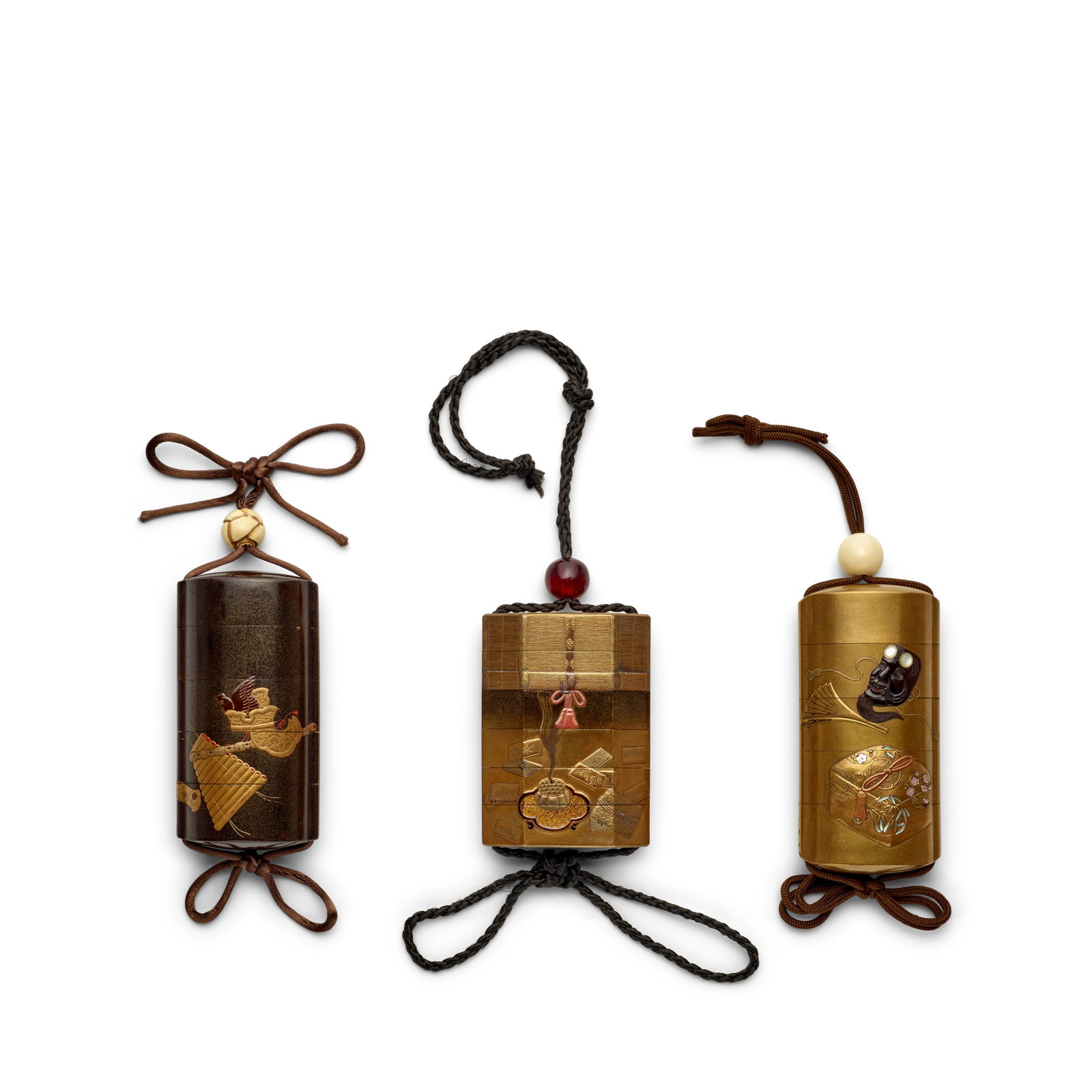 THREE INRŌ (MEDICINE CONTAINERS) WITH PERFORMING ARTS MOTIFS Edo period (1615-1868) or Meij... (1 of 1)