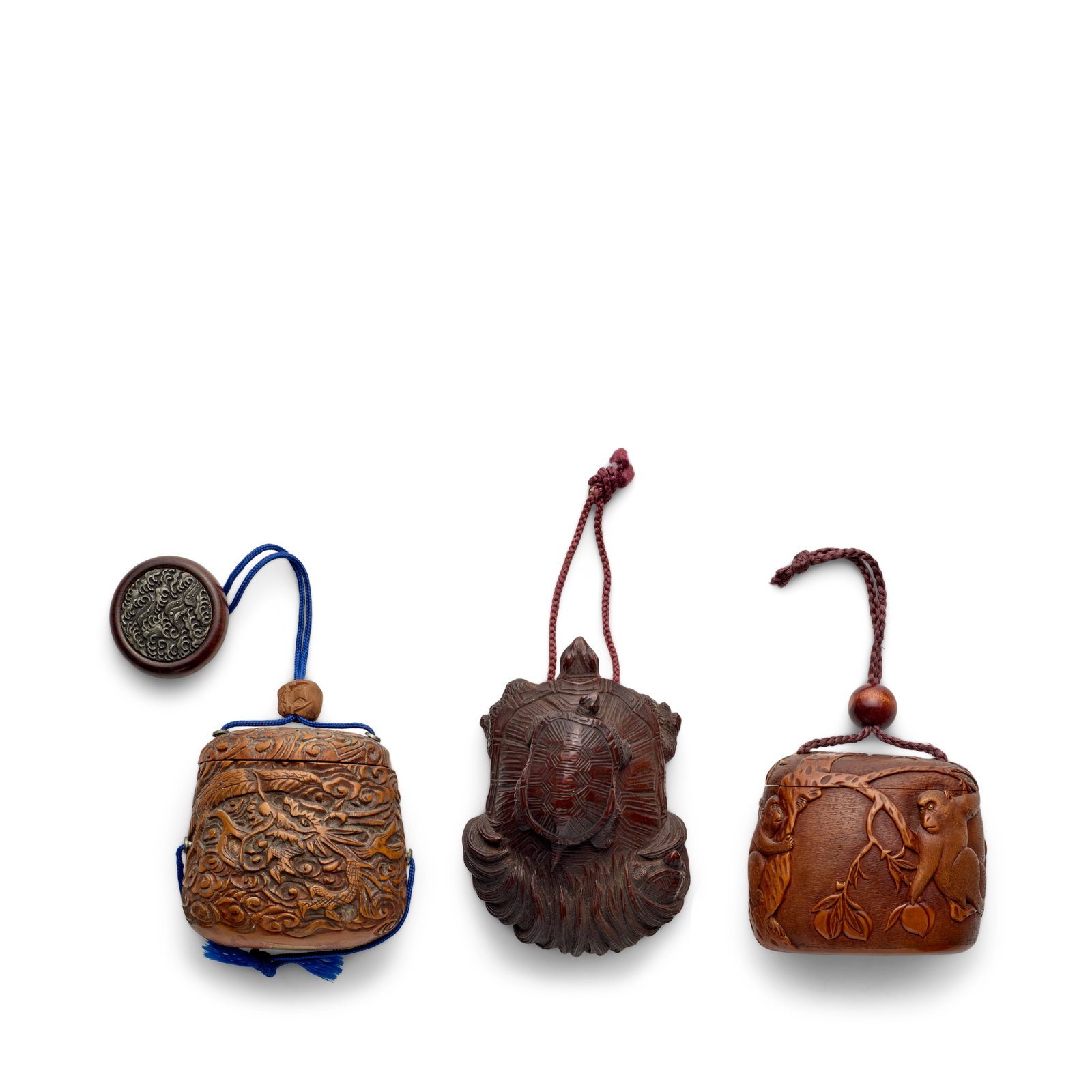 THREE CARVED-WOOD TONKOTSU (TOBACCO POUCHES OR CONTAINER FOR FOOD SCRAPS) Edo period (1615-1868)... (1 of 1)