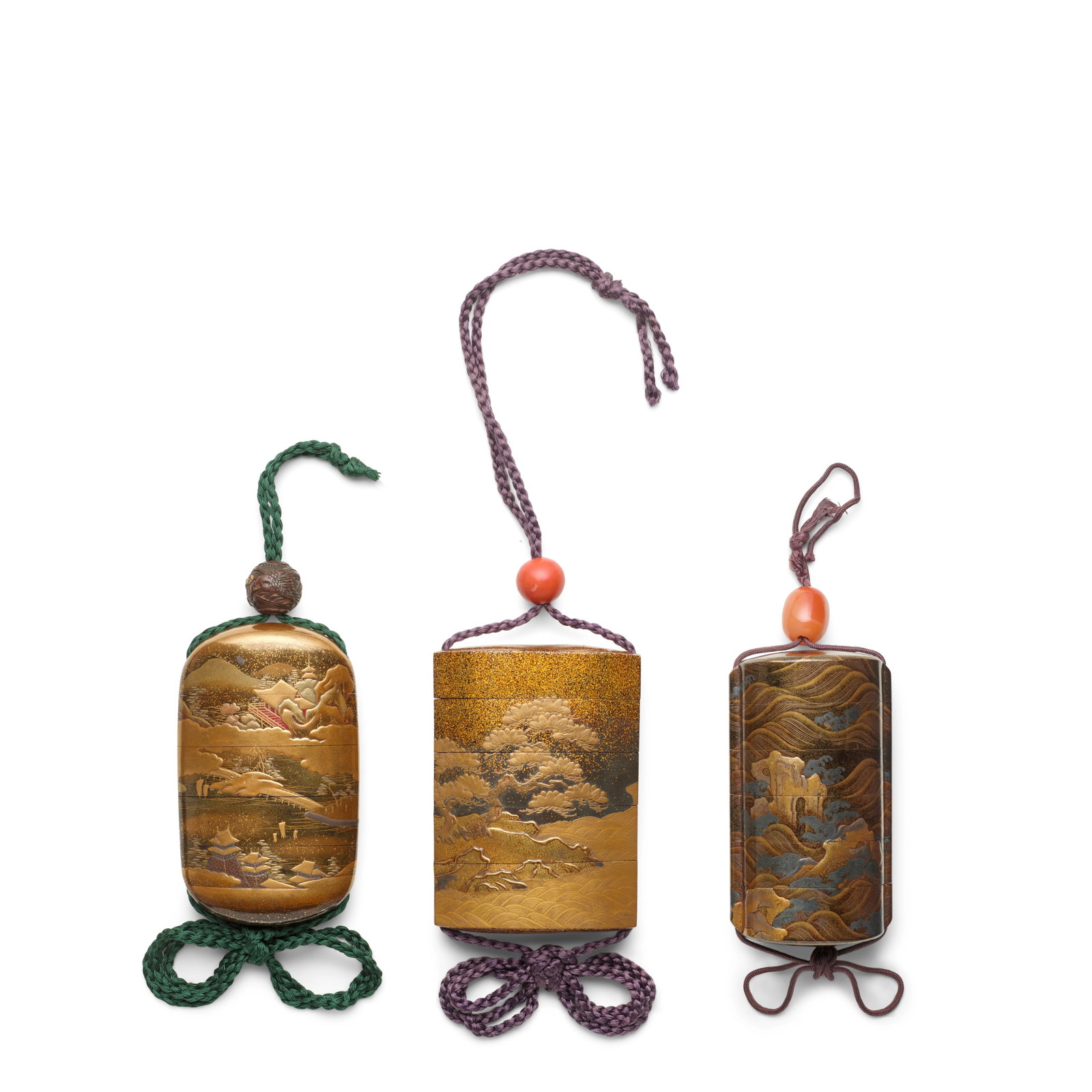 THREE INRŌ (MEDICINE CONTAINERS) WITH MARITIME MOTIFS Edo period (1615-1868) and Meiji era ... (1 of 1)