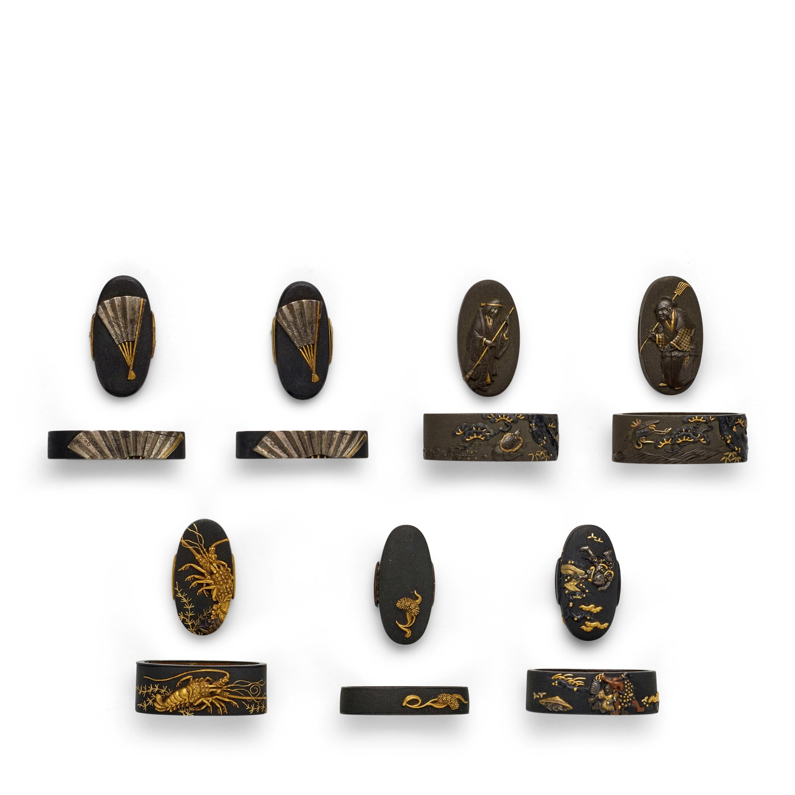 TWO SETS OF DAISHŌ FUCHI-GASHIRA (HILT COLLARS AND POMMELS) AND THREE PAIRS OF FUCHI-GASHIR...: TWO SETS OF DAISHŌ FUCHI-GASHIRA (HILT COLLARS AND POMMELS) AND THREE PAIRS OF FUCHI-GASHIRA Edo period (1615-1868), 18th/19th century Comprising a daishō shakudō nanako set inlaid in r