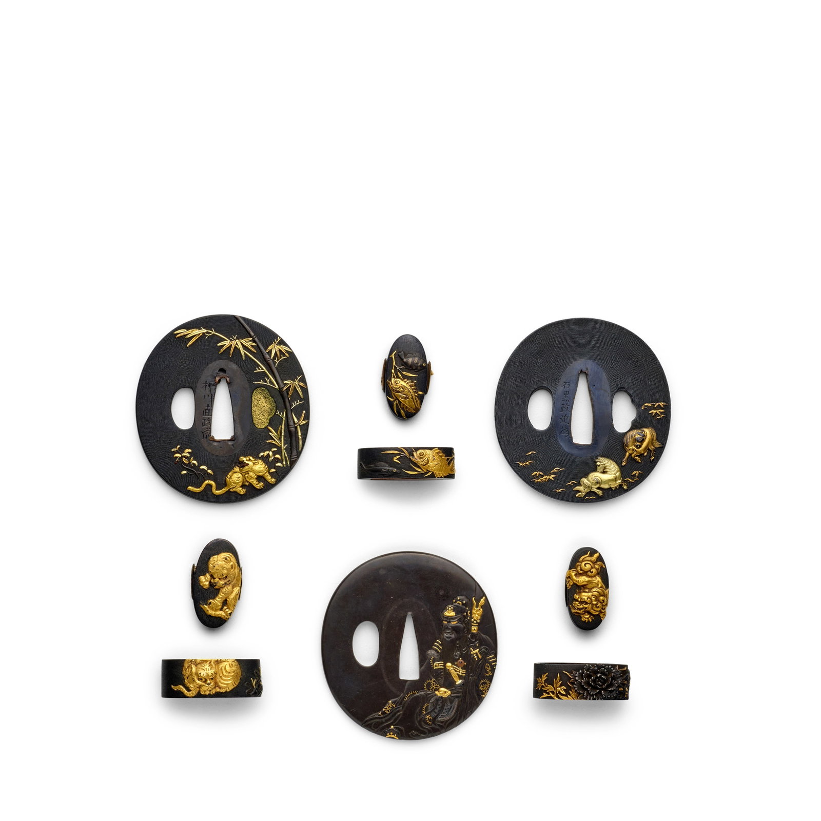 THREE SHAKUDŌ TSUBA (HAND GUARDS) AND THREE PAIRS OF SHAKUDŌ FUCHI-GASHIRA (HILT COLLA... (1 of 1)