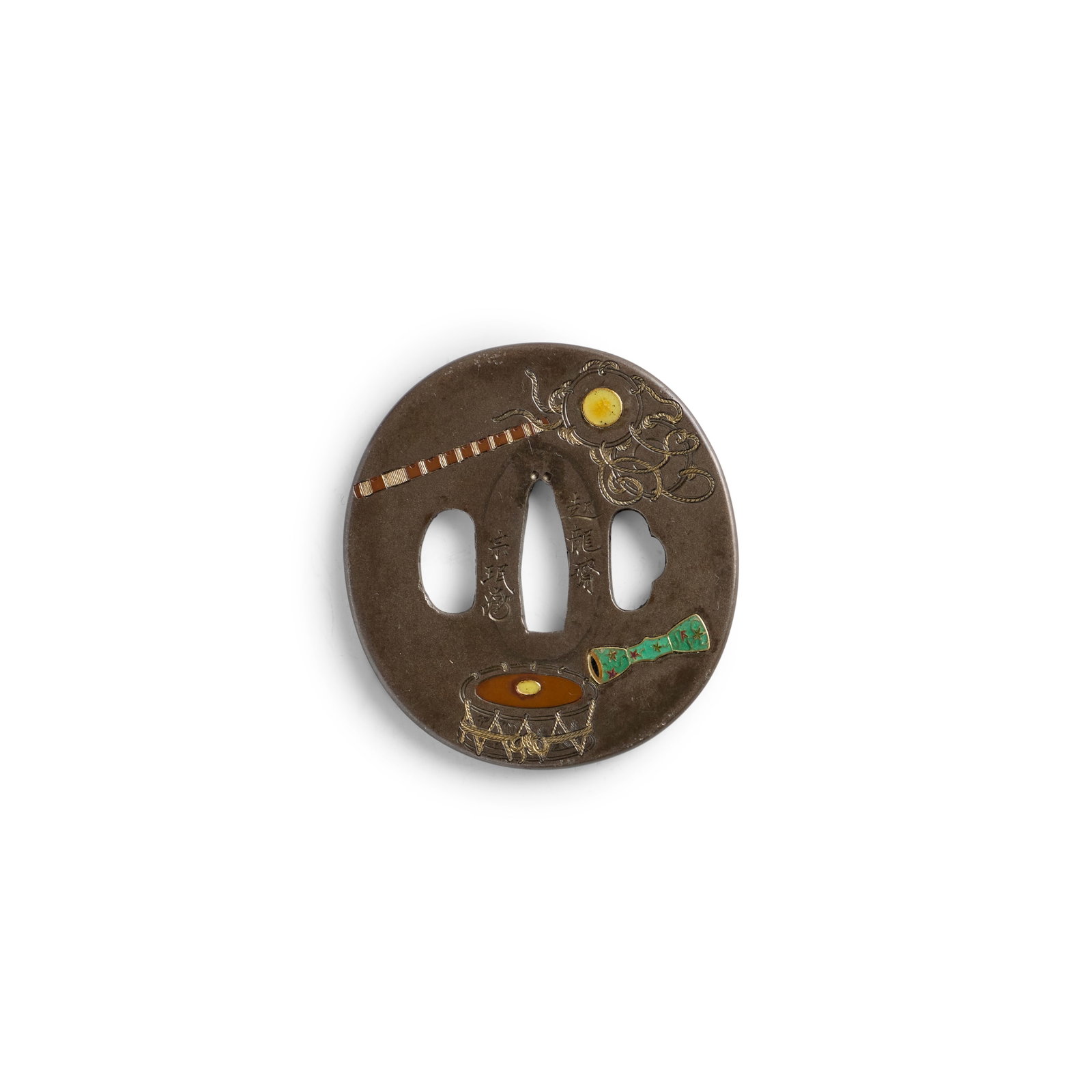 KIRYŪSAI SŌMIN (1795-?) A Cloisonné Enamel-Decorated Shibuichi Tsuba (Hand Guard)...: KIRYŪSAI SŌMIN (1795-?) A Cloisonné Enamel-Decorated Shibuichi Tsuba (Hand Guard) Edo period (1615-1868), 19th century The slightly oval plate decorated with instruments used in the No 
