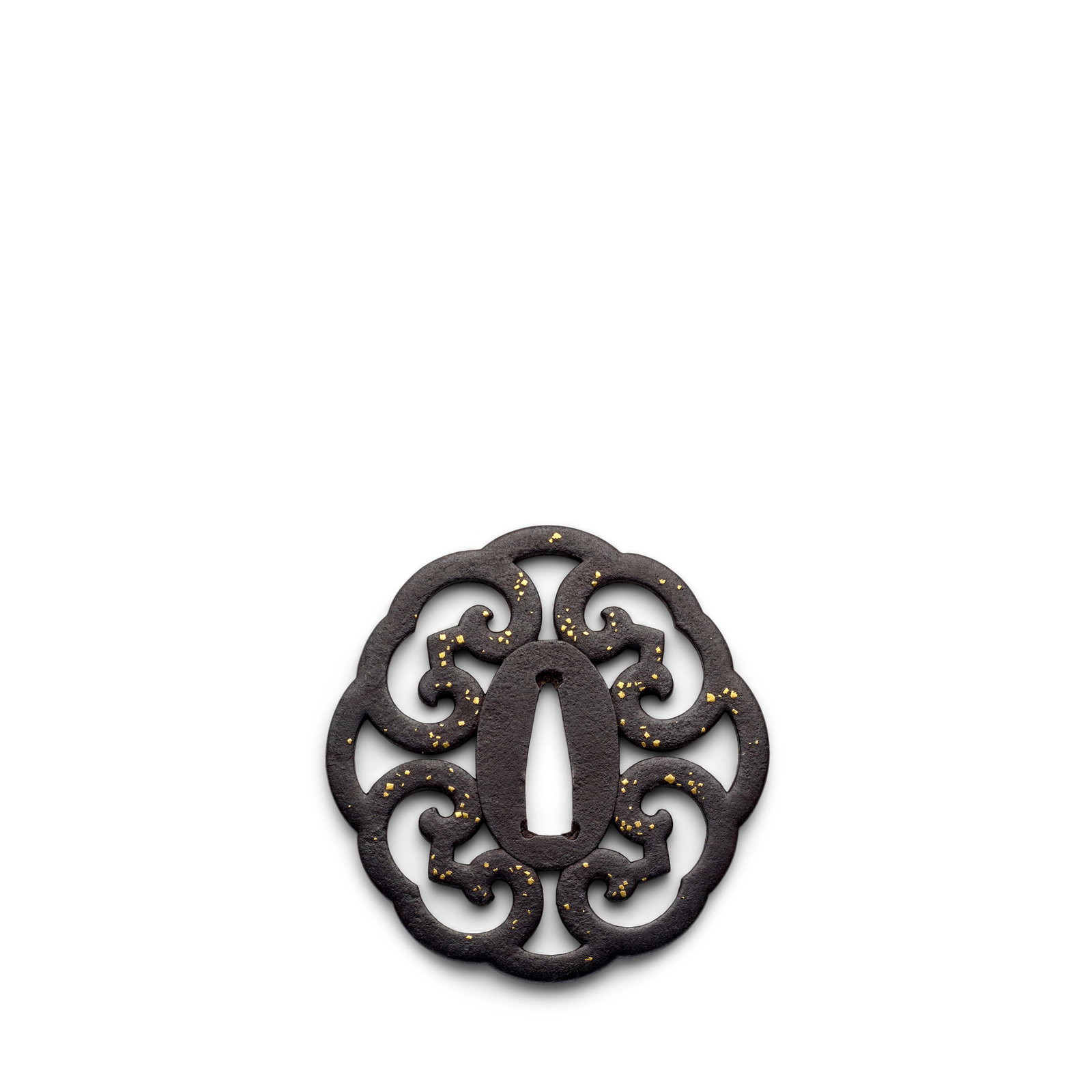 A FINE HIGO SUKASHI TSUBA (HAND GUARD) Edo period (1615-1868), 18th century: A FINE HIGO SUKASHI TSUBA (HAND GUARD) Edo period (1615-1868), 18th century Forged in iron and pierced with an openwork design of interlinking clouds, decorated with flush-inlaid gold flecks and finis