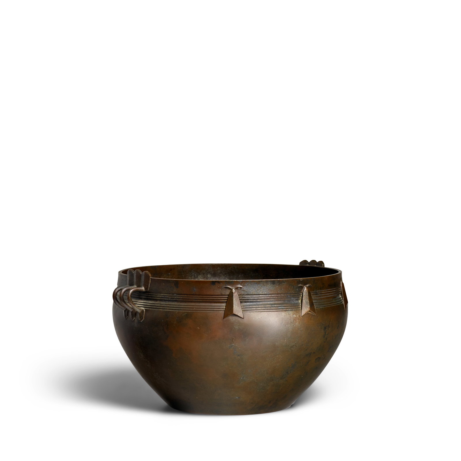 KOBAYASHI CHISHŌ (1913-1944) A Large Bronze Vase with Moth Design Showa era (1926-1989), ci...: KOBAYASHI CHISHŌ (1913-1944) A Large Bronze Vase with Moth Design Showa era (1926-1989), circa 1937 Cast in bronze with a wide mouth tapering to the foot, finished with a fluted band around the r