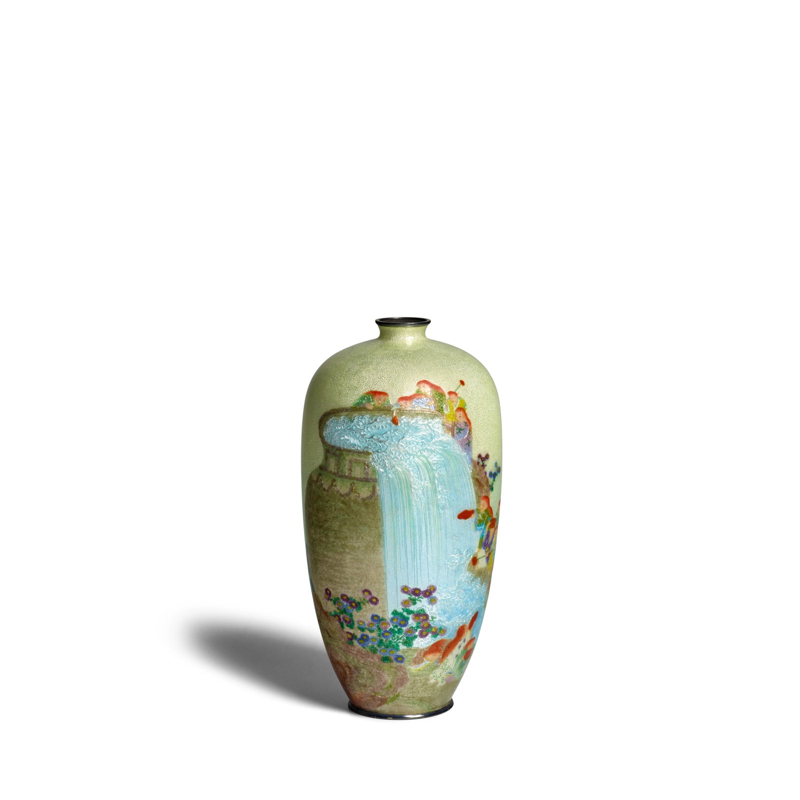 KAWAGUCHI BUNZAEMON (1860-1912) A Cloisonné-Enamel Ginbari Vase Meiji era (1868-1912), late...: KAWAGUCHI BUNZAEMON (1860-1912) A Cloisonné-Enamel Ginbari Vase Meiji era (1868-1912), late 19th century Of elongated ovoid form decorated in transparent colored enamels over a silver foil ground