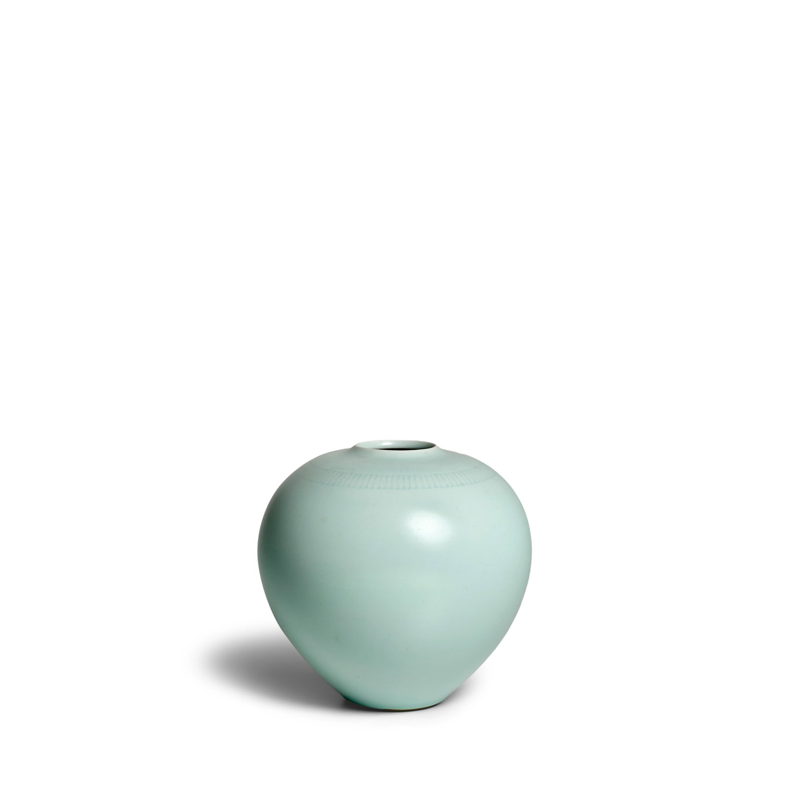 FUKAMI SUEHARU (BORN 1947) A Seihakuji (Blue-White Porcelain) Vase, Kan (Band) Showa era (1926-1...: FUKAMI SUEHARU (BORN 1947) A Seihakuji (Blue-White Porcelain) Vase, Kan (Band) Showa era (1926-1989), 1970s/80s Roughly globular with high and rounded shoulder and narrow base, a band of geometric sha