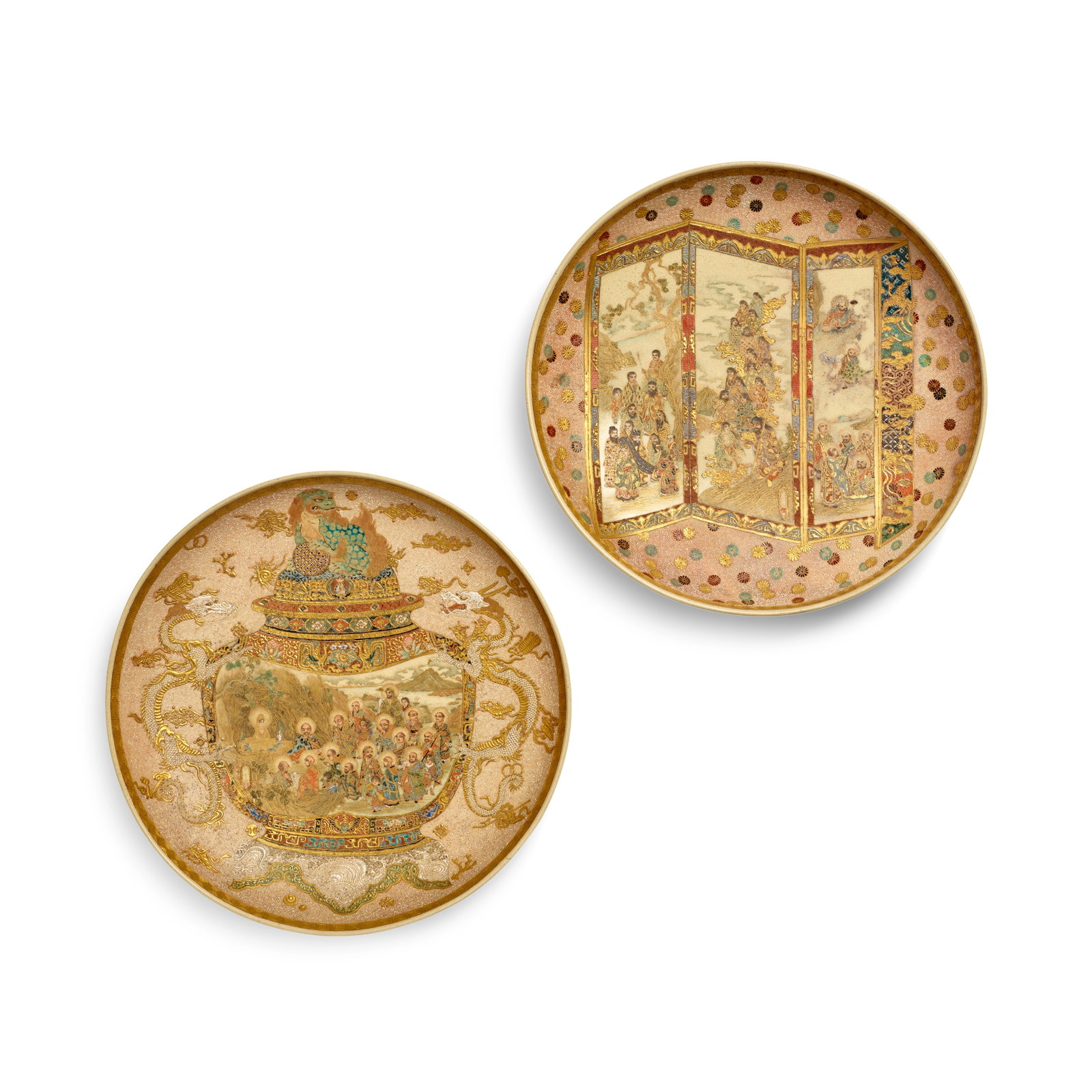 INOMARU FOR THE SEIKŌSHA COMPANY A Pair of Satsuma Dishes Meiji era (1868-1912), late 19th ...: INOMARU FOR THE SEIKŌSHA COMPANY A Pair of Satsuma Dishes Meiji era (1868-1912), late 19th century The shallow dishes painted on a coral-colored ground with polychrome enamels and gilt over a cle