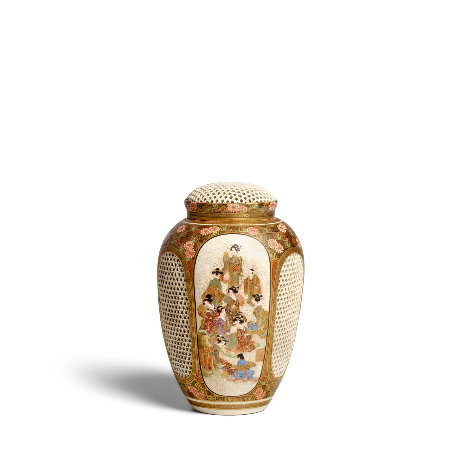 OKAMOTO RYŌZAN FOR THE YASUDA COMPANY A Reticulated Satsuma Vase Meiji era (1868-1912), lat...: OKAMOTO RYŌZAN FOR THE YASUDA COMPANY A Reticulated Satsuma Vase Meiji era (1868-1912), late 19th century The ovoid vase painted in polychrome enamels and gilt, decorated with alternating oval pa