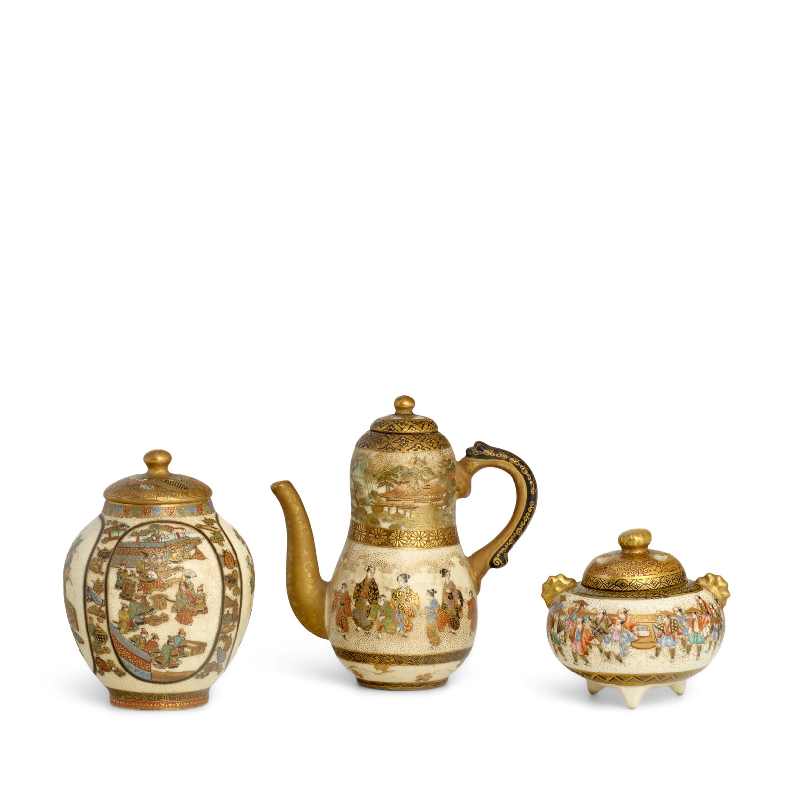 THREE MINIATURE SATSUMA VESSELS Meiji era (1868-1912), late 19th century (3): THREE MINIATURE SATSUMA VESSELS Meiji era (1868-1912), late 19th century Each decorated in polychrome enamels and gilt on a clear, crackled glaze, comprising a compressed ovoid vase and cover with fou