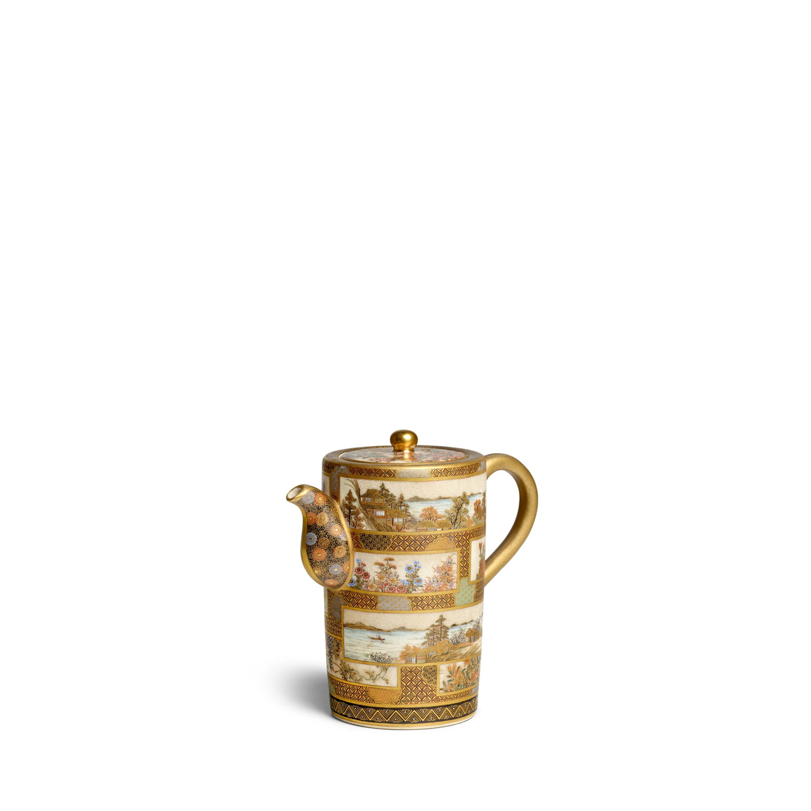 SHIZAN A Fine Cylindrical Satsuma Ewer Meiji era (1868-1912), late 19th century: SHIZAN A Fine Cylindrical Satsuma Ewer Meiji era (1868-1912), late 19th century Decorated in polychrome enamels and gilt with overlapping horizontal panels of blossoms, birds and flowers, and landscap