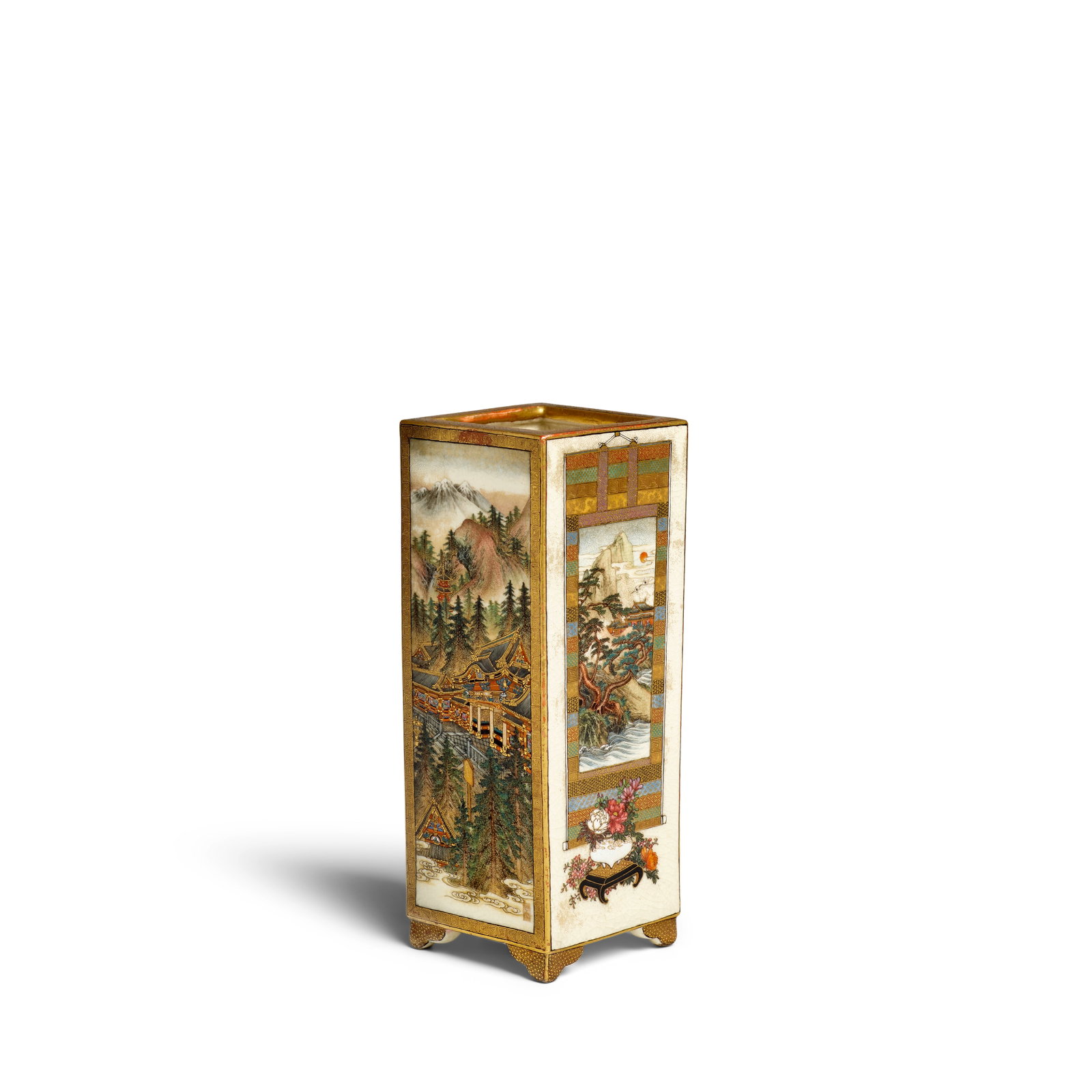 KYOKUDŌ A Fine Square-Sided Satsuma Vase Meiji era (1868-1912), late 19th cenutry: KYOKUDŌ A Fine Square-Sided Satsuma Vase Meiji era (1868-1912), late 19th cenutry The slender vase painted in polychrome enamels and gilt on a clear, crackled glaze painted on four sides with two