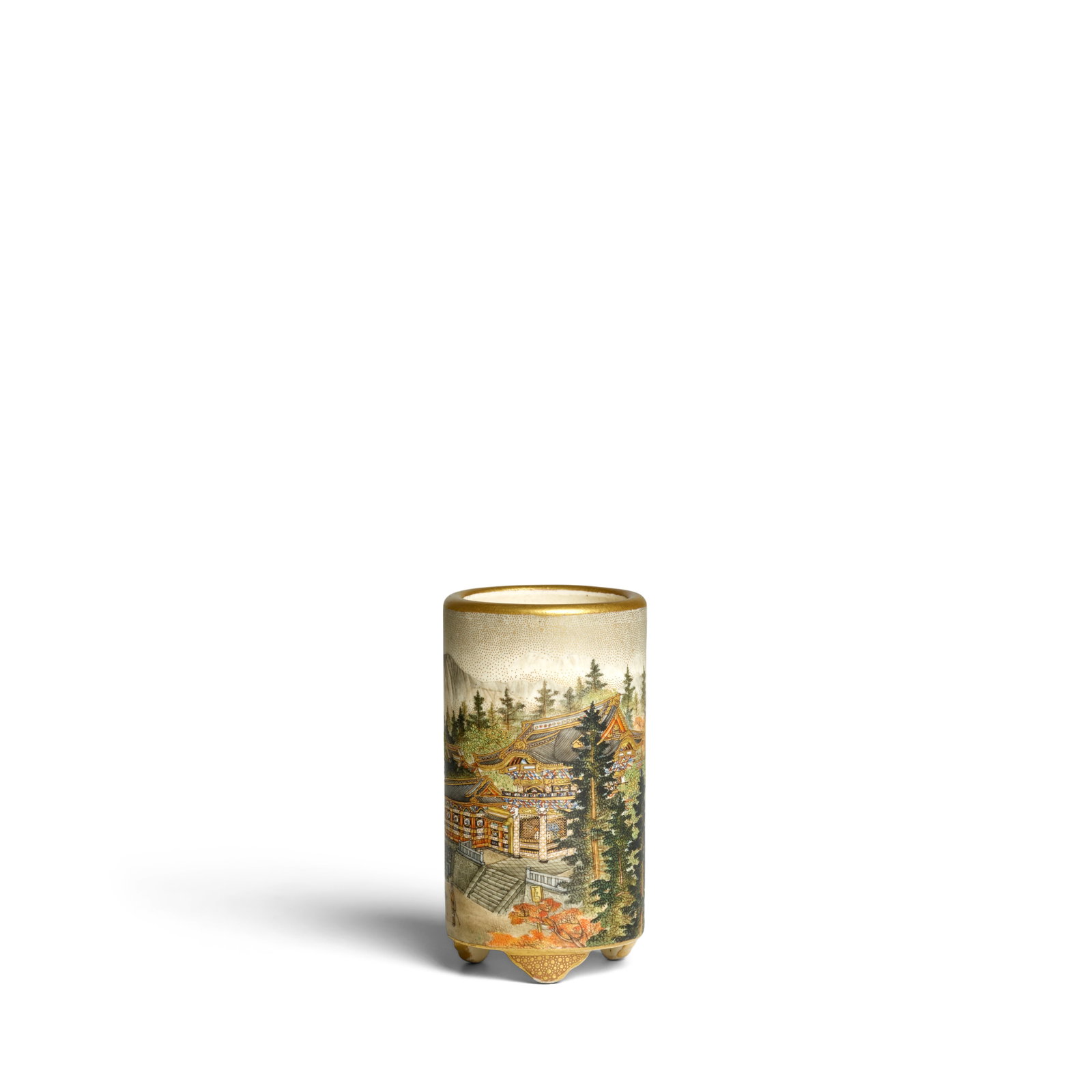 KINKŌZAN WORKSHOP A Fine Miniature Cylindrical Satsuma Vase Meiji era (1868-1912), circa 1900: KINKŌZAN WORKSHOP A Fine Miniature Cylindrical Satsuma Vase Meiji era (1868-1912), circa 1900 Set on three scroll feet, decorated in polychrome enamels and gilt with a finely painted scene of the