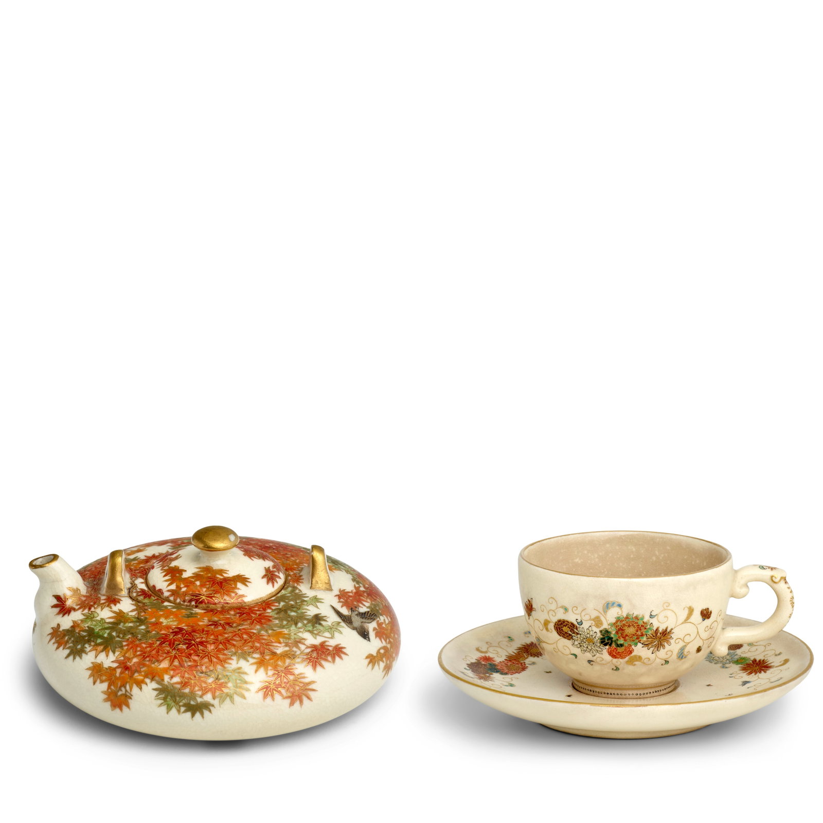 YABU MEIZAN (1853-1934) A Miniature Ewer and a Demitasse Cup and Saucer Meiji era (1868-1912), l...: YABU MEIZAN (1853-1934) A Miniature Ewer and a Demitasse Cup and Saucer Meiji era (1868-1912), late 19th/early 20th century Each painted in polychrome enamels and gilt on a clear, crackled ground, the