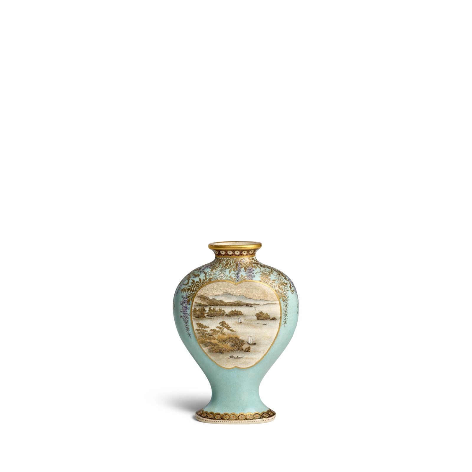 YABU MEIZAN (1853-1934) A Fine Miniature Blue-Ground Satsuma Vase Meiji era, (1868-1912), circa ...: YABU MEIZAN (1853-1934) A Fine Miniature Blue-Ground Satsuma Vase Meiji era, (1868-1912), circa 1900 Of flattened meiping form painted in polychrome enamels and gilt on a clear, crackled glaze with ca