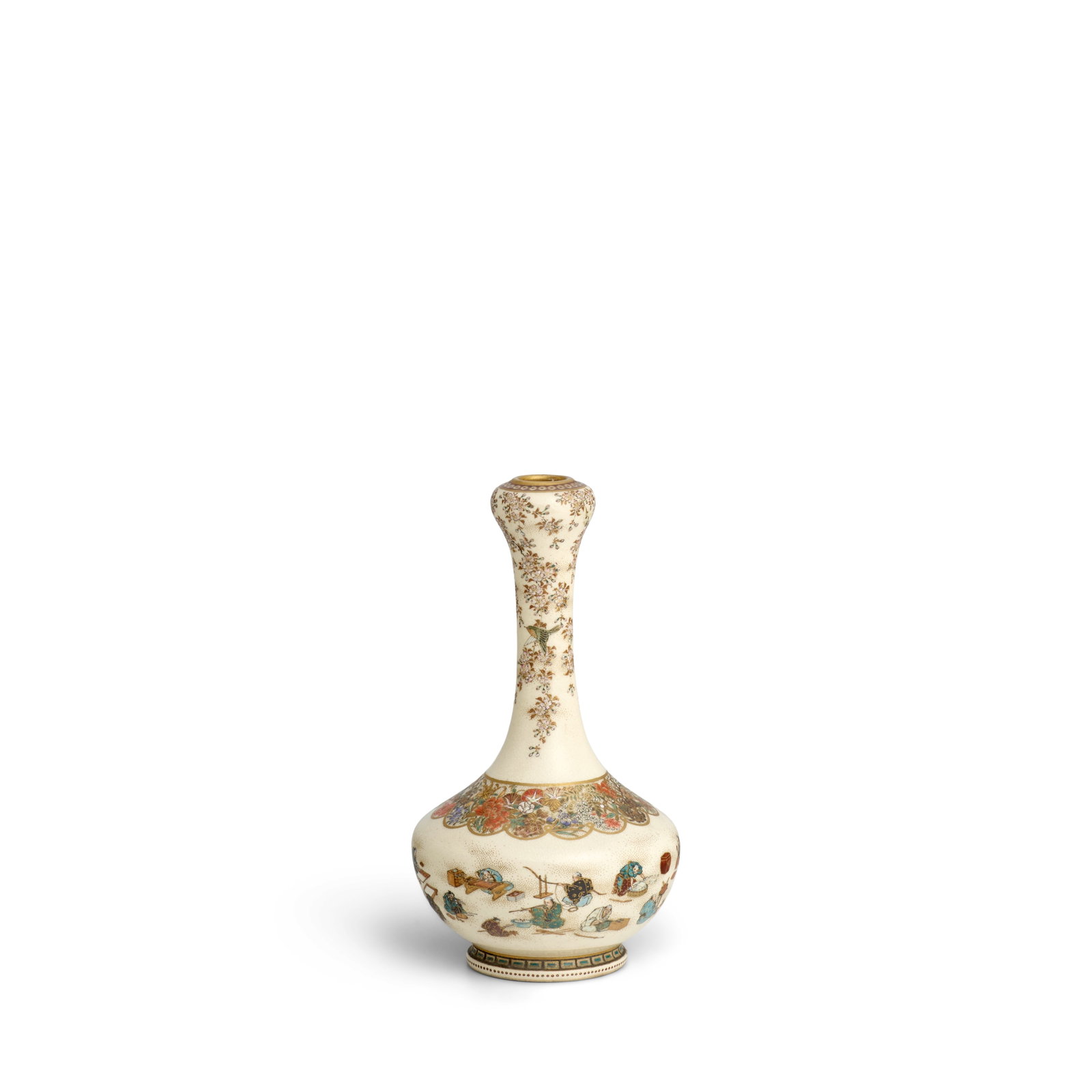 YABU MEIZAN (1853-1934) A Fine Satsuma Vase Meiji era (1868-1912), late 19th century: YABU MEIZAN (1853-1934) A Fine Satsuma Vase Meiji era (1868-1912), late 19th century Of compressed ovoid form with a slender neck ending in a garlic-bud mouth painted in polychrome enamels and gilt on