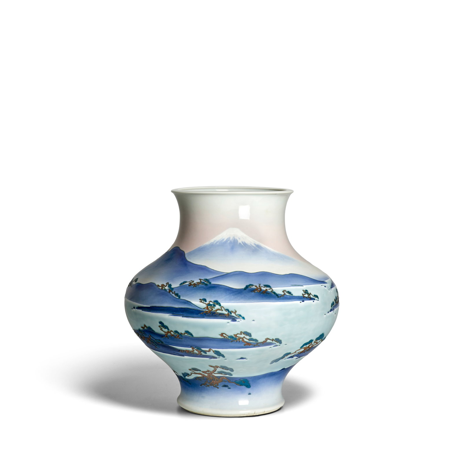 MAKUZU (MIYAGAWA) KŌZAN (1842-1916) A Large and Impressive Porcelain Vase with Mount Fuji M...: MAKUZU (MIYAGAWA) KŌZAN (1842-1916) A Large and Impressive Porcelain Vase with Mount Fuji Meiji era (1868-1912), circa 1910 The compressed ovoid vase with a short flaring neck and everted rim pai