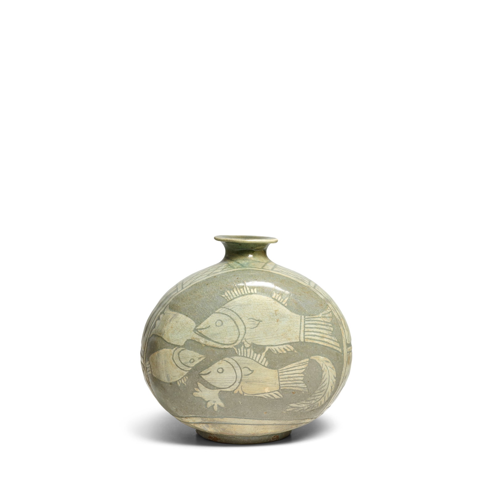 A SMALL BUNCHEONG JAR WITH FISH DESIGN Joseon dynasty (1392-1897), 15th century: A SMALL BUNCHEONG JAR WITH FISH DESIGN Joseon dynasty (1392-1897), 15th century The stoneware jar of round, pyeonho (flattened) form rising from a low ring foot ending in a short neck and everted rim,