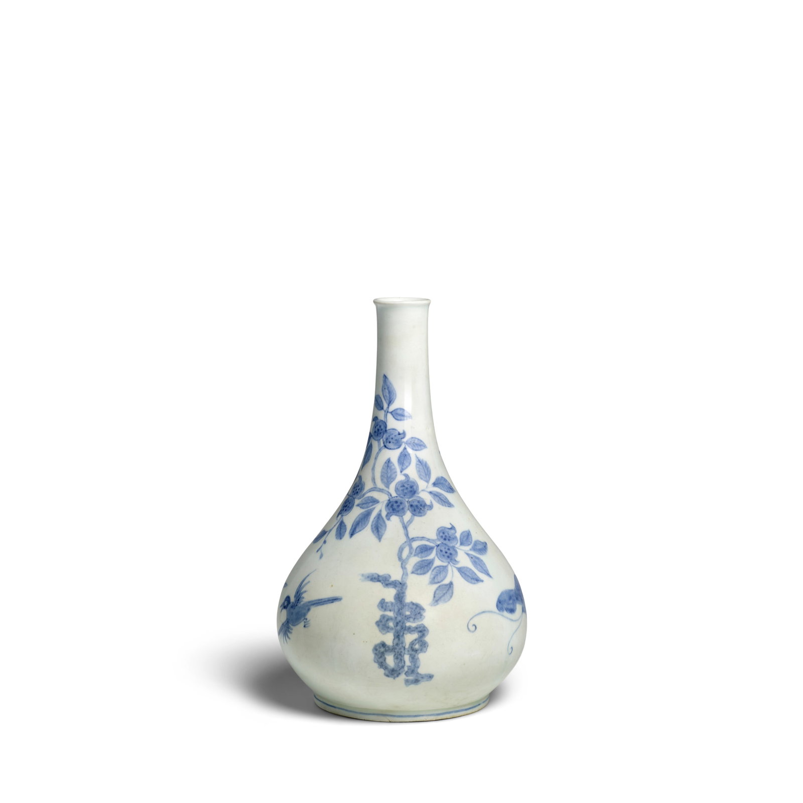 A RARE PORCELAIN BOTTLE WITH PICTORIAL IDEOGRAPH DESIGNS Joseon dynasty (1392-1897), 19th century: A RARE PORCELAIN BOTTLE WITH PICTORIAL IDEOGRAPH DESIGNS Joseon dynasty (1392-1897), 19th century The globular body rising to a slender neck ending in a rolled lip decorated in underglaze cobalt with 