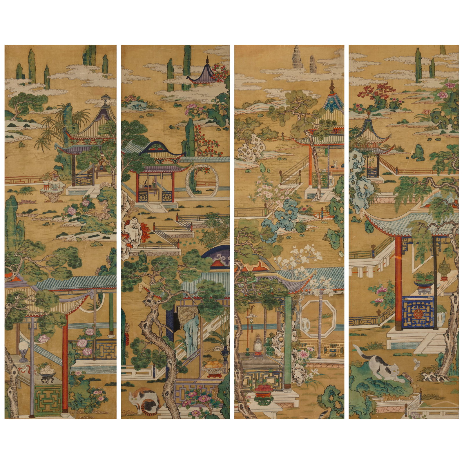 ANONYMOUS (19TH CENTURY) Palace interiors Joseon dynasty (1392-1897), 19th century (4): ANONYMOUS (19TH CENTURY) Palace interiors Joseon dynasty (1392-1897), 19th century A set of four hanging scrolls mounted on wood panels, brushed in ink and colors on silk depicting the interior ground