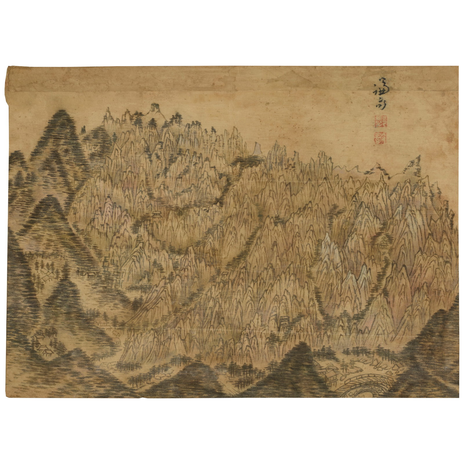 MANNER OF GYEOMJAE JEONG SEON (1676-1759) Mountainous Landscape Joseon dynasty (1392-1897), 18th...: MANNER OF GYEOMJAE JEONG SEON (1676-1759) Mountainous Landscape Joseon dynasty (1392-1897), 18th/19th century A mountainous landscape with temples and villages brushed in the jingyeong sansu ('true vi