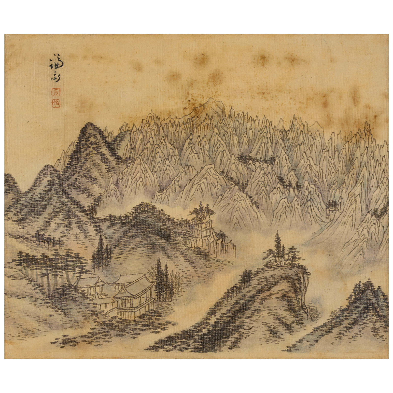 MANNER OF GYEOMJAE JEONG SEON (1676-1759) Mount Baekdu Joseon dynasty (1392-1897), 18th/19th cen...: MANNER OF GYEOMJAE JEONG SEON (1676-1759) Mount Baekdu Joseon dynasty (1392-1897), 18th/19th century A hanging scroll, brushed in ink and colors on silk depicting Mount Baekdu and its surrounding peak