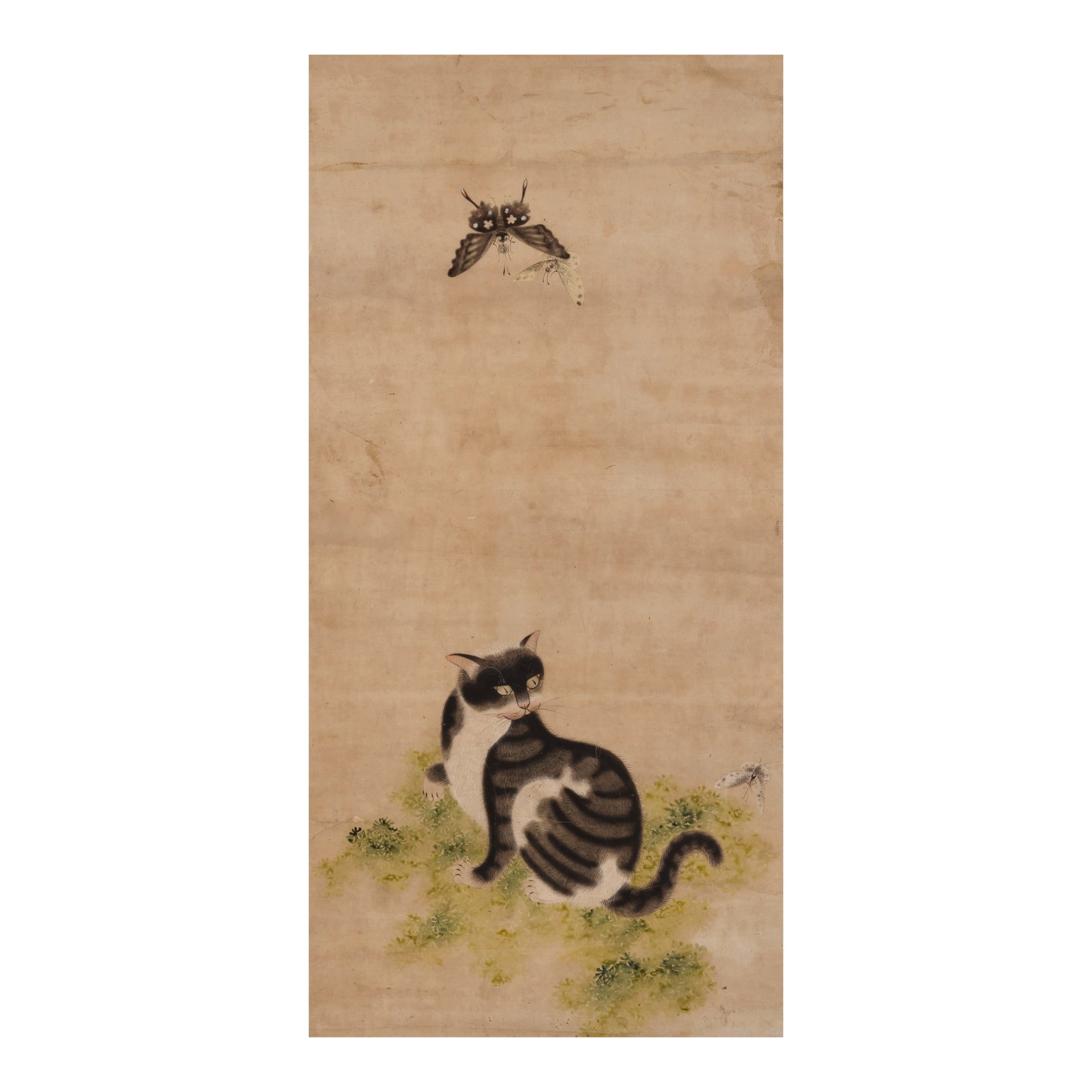 ANONYMOUS Cat and Butterflies Joseon dynasty (1392-1897), 19th century: ANONYMOUS Cat and Butterflies Joseon dynasty (1392-1897), 19th century A hanging scroll in ink and light color on paper depicting a cat seated on green ground-cover plants, glancing behind it at a sin