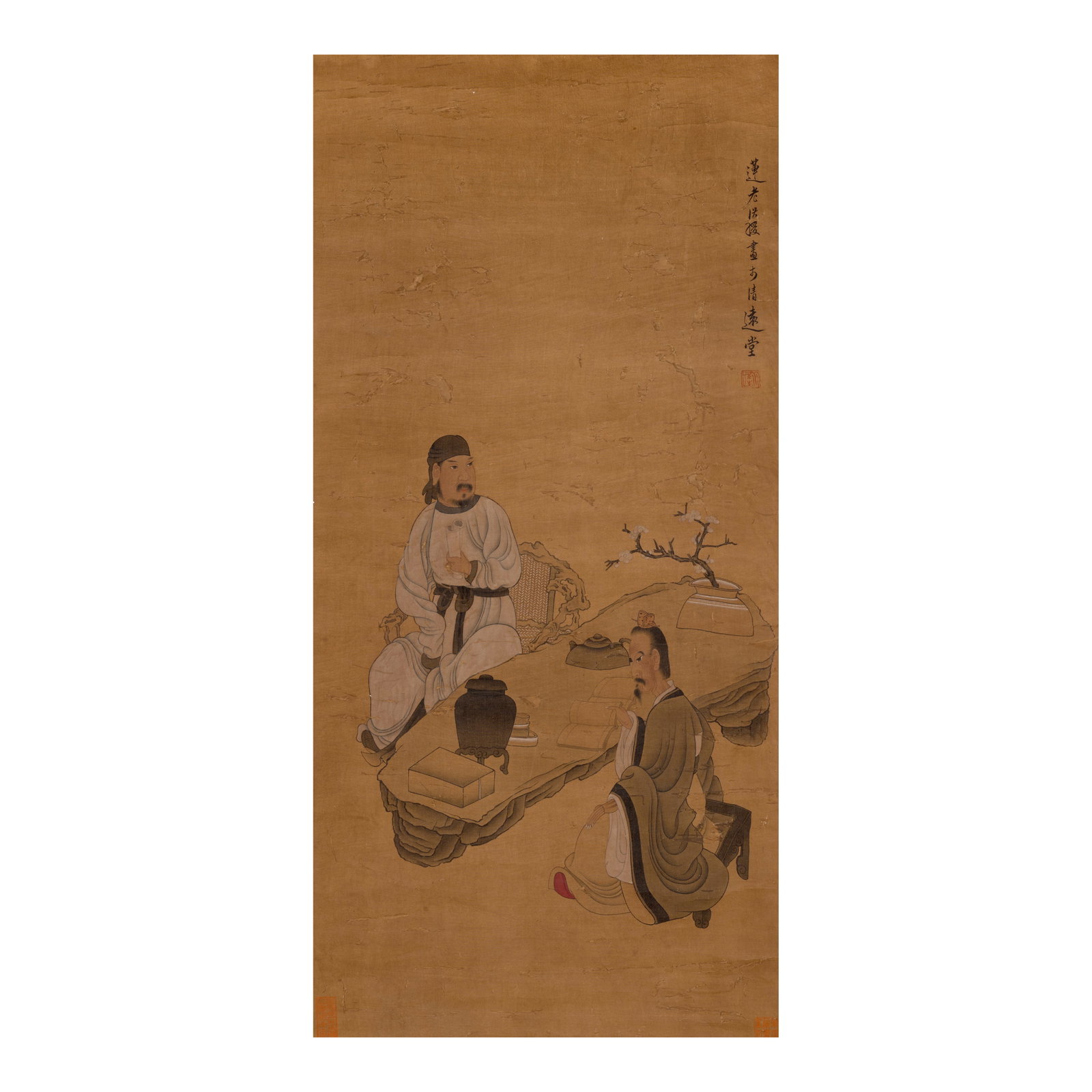 ATTRIBUTED TO CHEN HONGSHOU (1598-1652) Figures: ATTRIBUTED TO CHEN HONGSHOU (1598-1652) Figures Hanging scroll, ink and color on silk, inscribed by the artist and signed Lianlao Hongshou, with an artist's seal and two collector's seals. 34 x 16in (