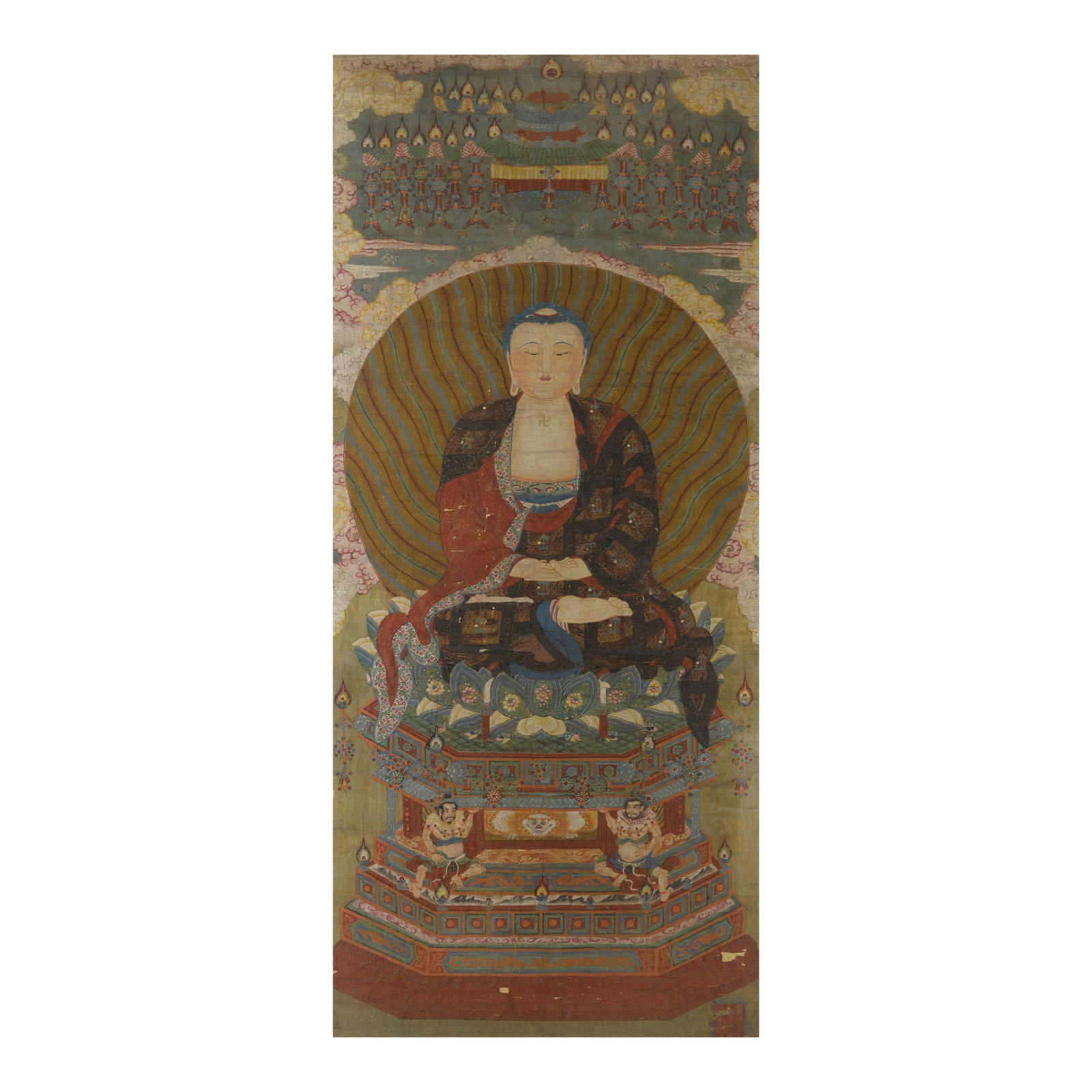 ANONYMOUS (MING DYNASTY) Shakyamuni: ANONYMOUS (MING DYNASTY) Shakyamuni Hanging scroll, framed and glazed, ink, color, and gold on silk depicting the historical Buddha seated cross-legged on a multi-tier lotus throne beneath a jeweled c