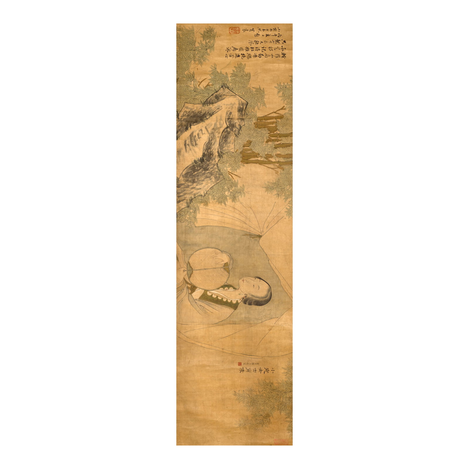 AFTER GU JIANLONG (1606-1687) Portrait of Dong Xiaowan: AFTER GU JIANLONG (1606-1687) Portrait of Dong Xiaowan Horizontal hanging scroll, ink and color on satin, titled in clerical script and signed Yunchen Gu Jianlong with an artist's seal, with a second 