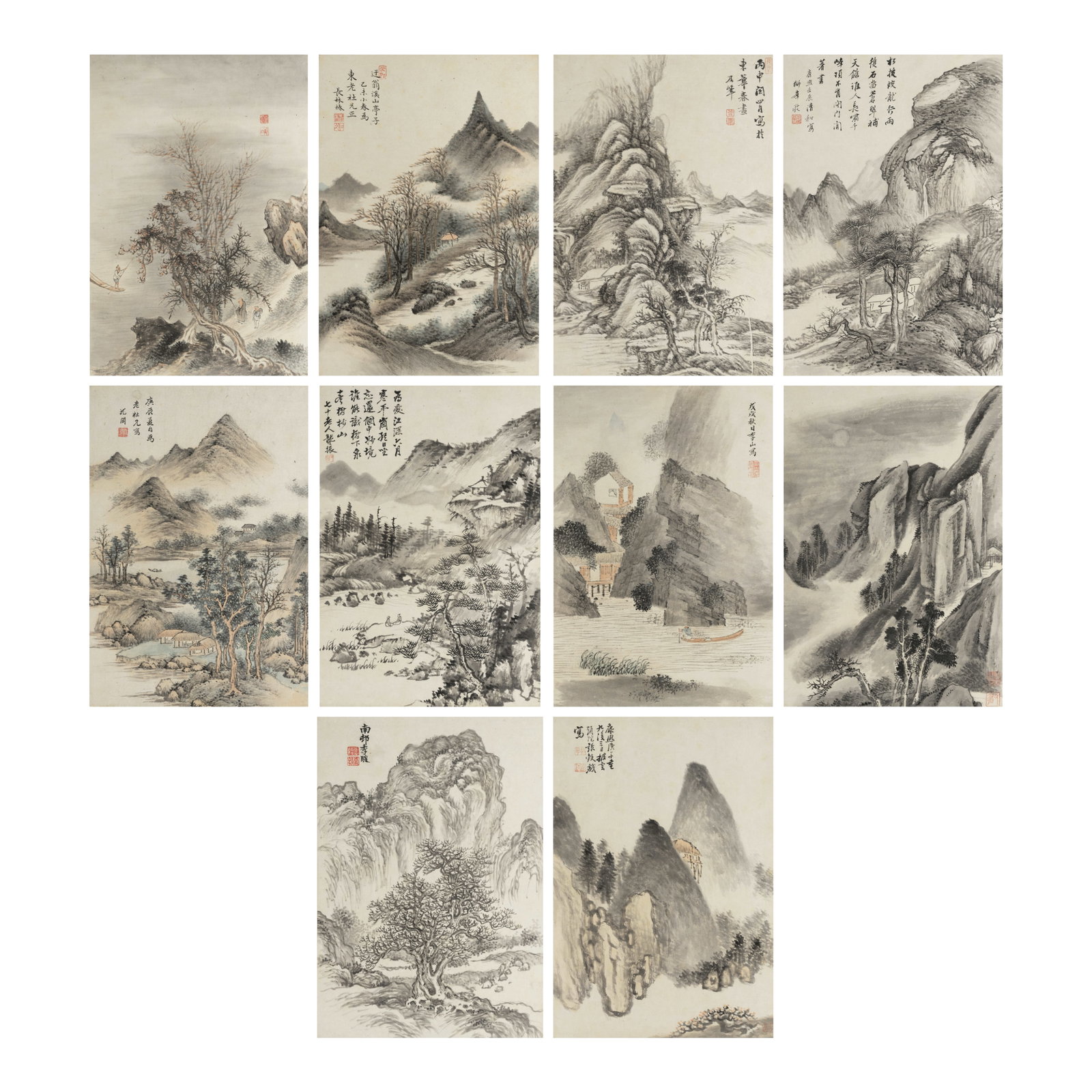 SHEN ZONGJING (1669-1725/35) AND VARIOUS ARTISTS (KANGXI PERIOD) Landscapes, early 18th century: SHEN ZONGJING (1669-1725/35) AND VARIOUS ARTISTS (KANGXI PERIOD) Landscapes, early 18th century Album of ten leaves, five ink and color on paper, five ink on paper, six leaves inscribed by the artists