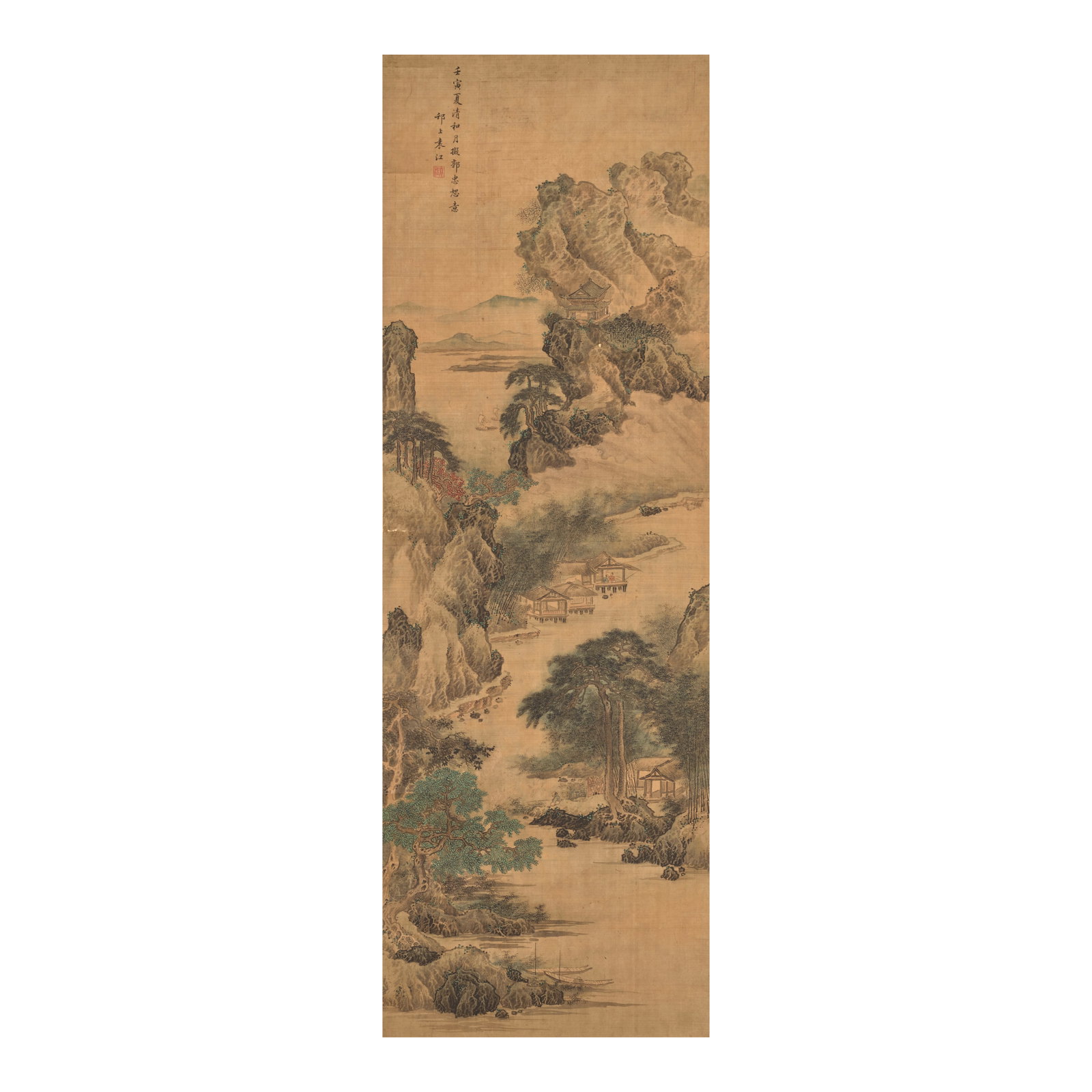 ATTRIBUTED TO YUAN JIANG (1671-1746) Landscape after Guo Zhongshu, 1722: ATTRIBUTED TO YUAN JIANG (1671-1746) Landscape after Guo Zhongshu, 1722 Hanging scroll, ink and color on silk, inscribed with a date renyin and signed Yuan Jiang with an artist's seal. 47 3/8 x 15 3/4