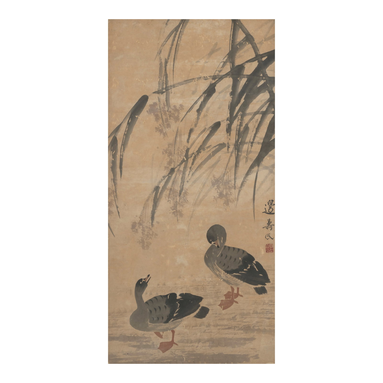BIAN SHOUMIN (1684-1752) Geese and Reeds: BIAN SHOUMIN (1684-1752) Geese and Reeds Mounted, laid on board and framed and glazed, ink and color on paper, signed Bian Shoumin with an artist's seal. 44 1/2 x 21 3/4in (113 x 55.2cm) Footnotes: Pr