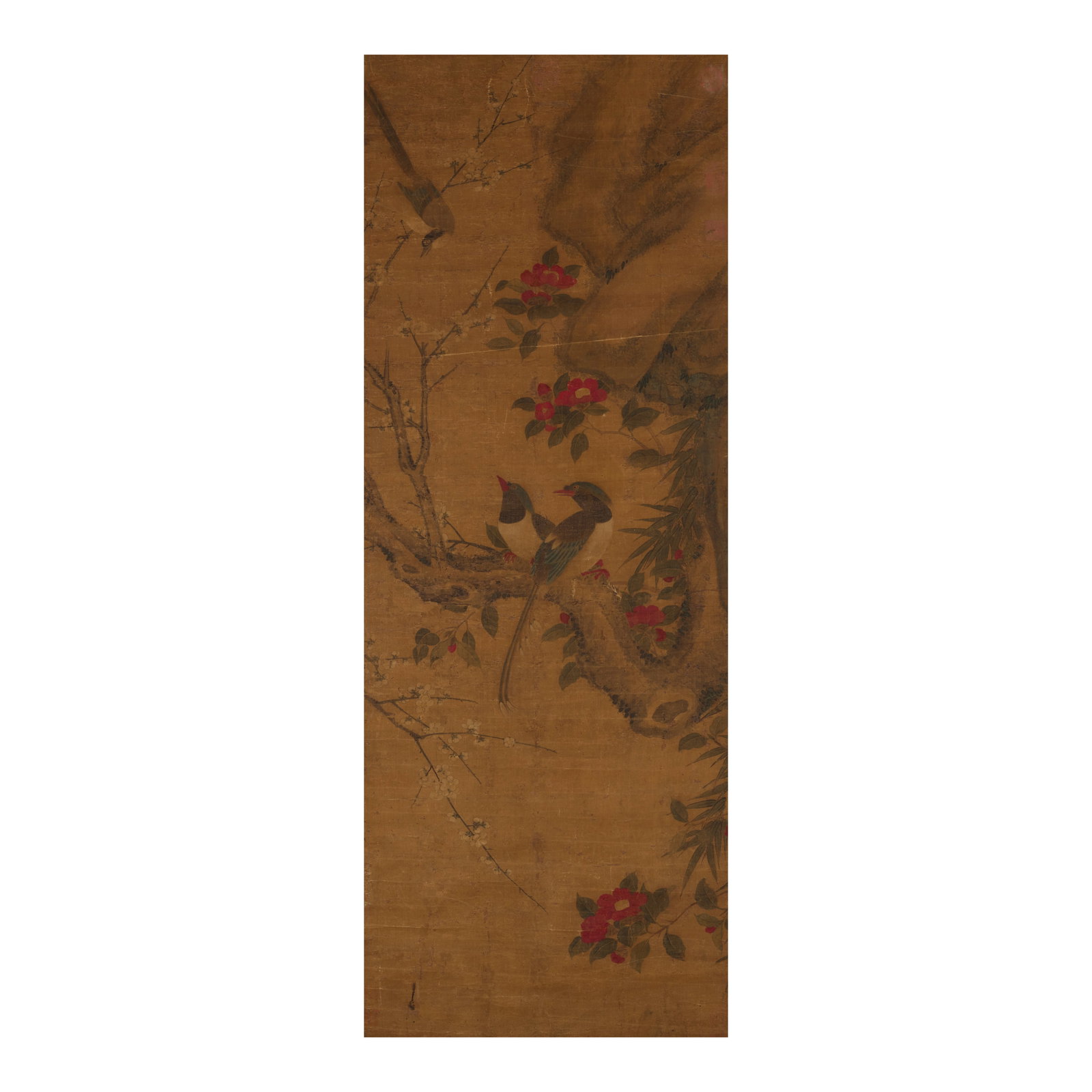 ANONYMOUS (18TH CENTURY) Birds and Flowers: ANONYMOUS (18TH CENTURY) Birds and Flowers Ink and color on silk, mounted, framed and glazed, with an effaced signature and a total of seven seals. 47 x 17 1/2in (119 x 44cm) Footnotes: 佚ࡧ