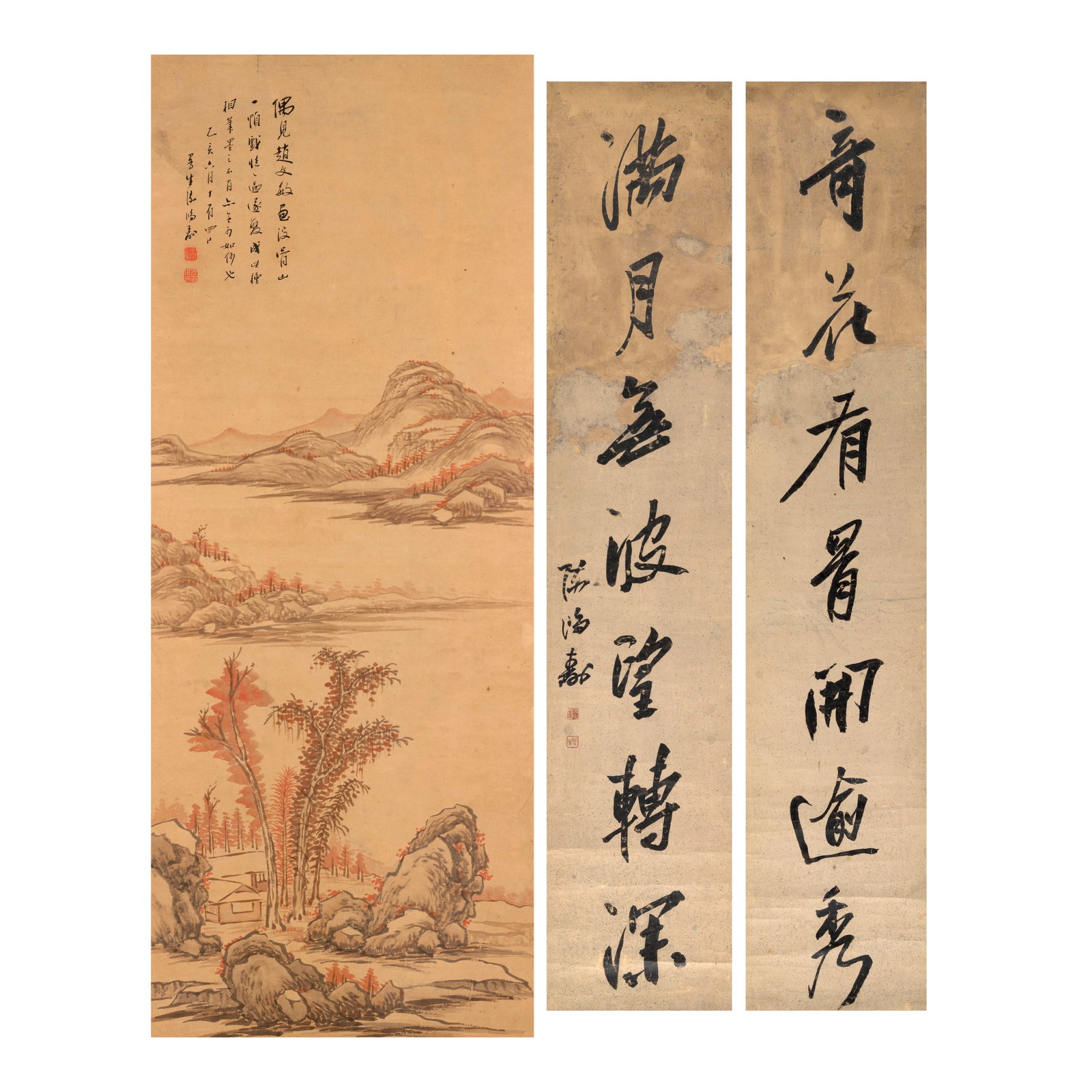 CHEN HONGSHOU (1768-1822) Landscape and Calligraphy (3): CHEN HONGSHOU (1768-1822) Landscape and Calligraphy The landscape, a hanging scroll, ink and color on paper, inscribed by the artist and dated yihai (1815), and signed Mansheng Chen Hongshou with two 