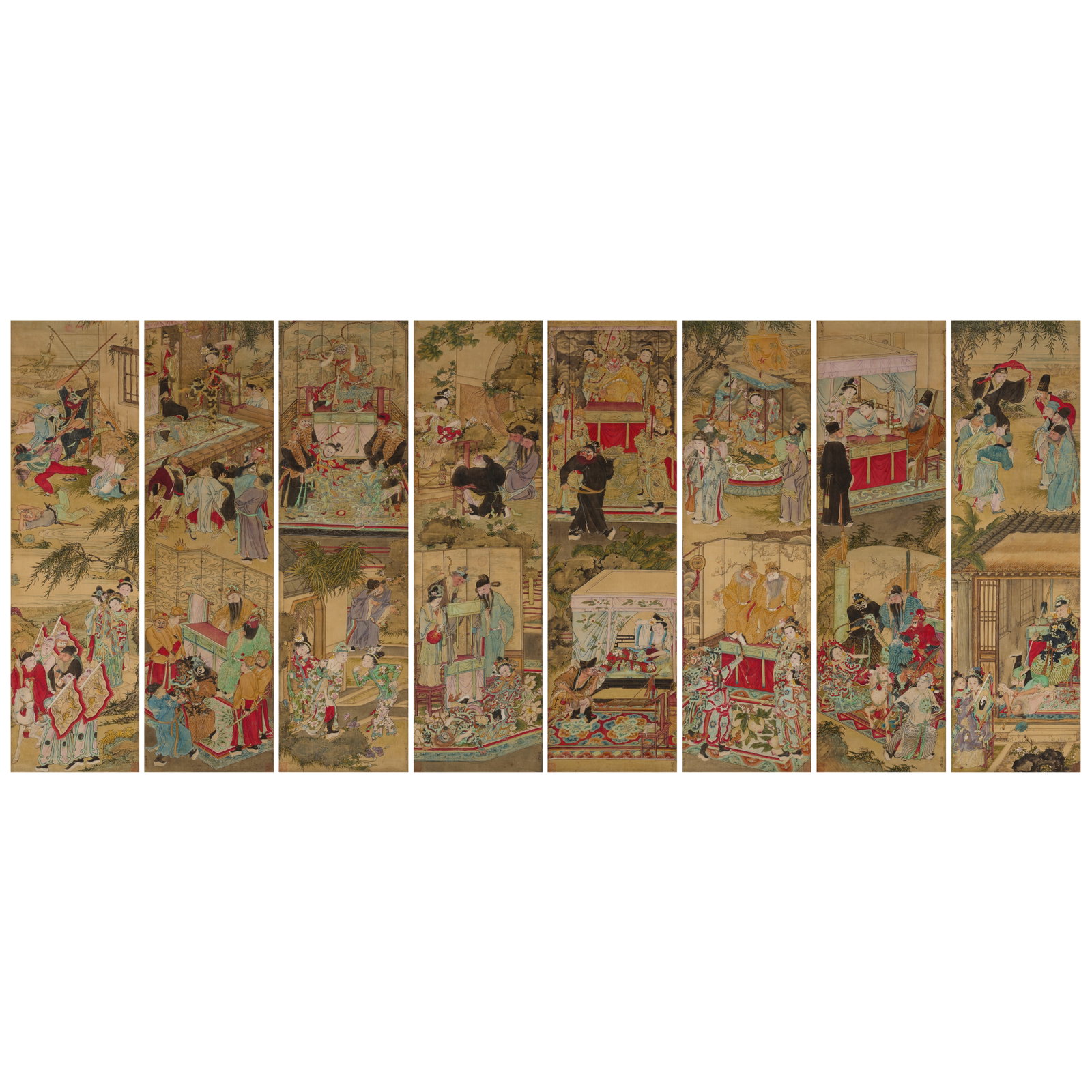 XU TINGKUN (XU BAIZHAI, 1777-1853) A Set of Eight Lantern Paintings (Denghua) of Theatrical Subj...: XU TINGKUN (XU BAIZHAI, 1777-1853) A Set of Eight Lantern Paintings (Denghua) of Theatrical Subjects Eight hanging scrolls, each ink and color on silk, each painting depicting two or three scenes draw