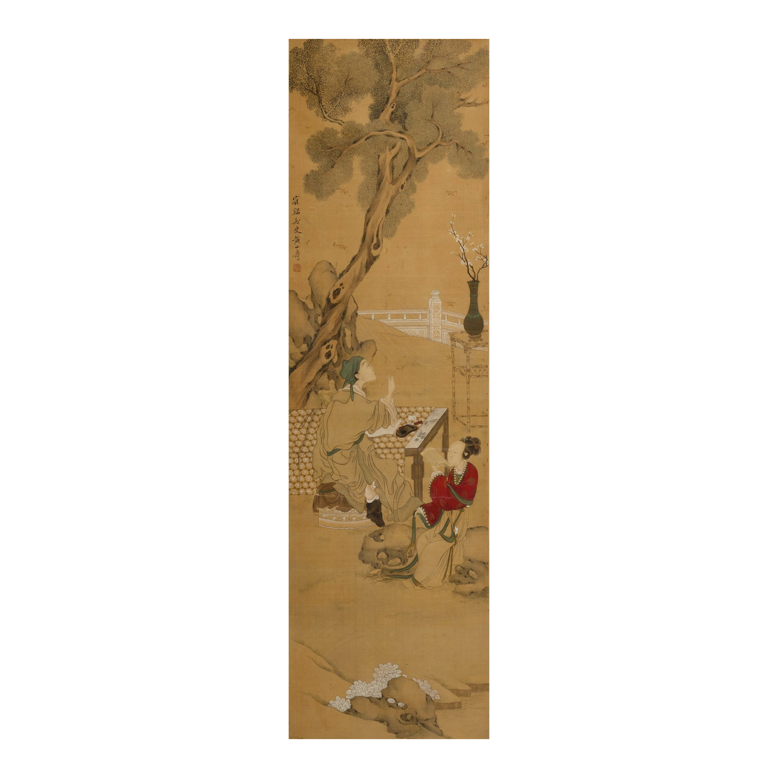 HUANG SHANSHOU (1855-1919) Figures: HUANG SHANSHOU (1855-1919) Figures Mounted, framed and glazed, ink and color on silk, inscribed by the artist and signed Hexi Waishi Huang Shanshou with an artist's seal. 57 x 16 1/4in (144.6 x 41.3cm