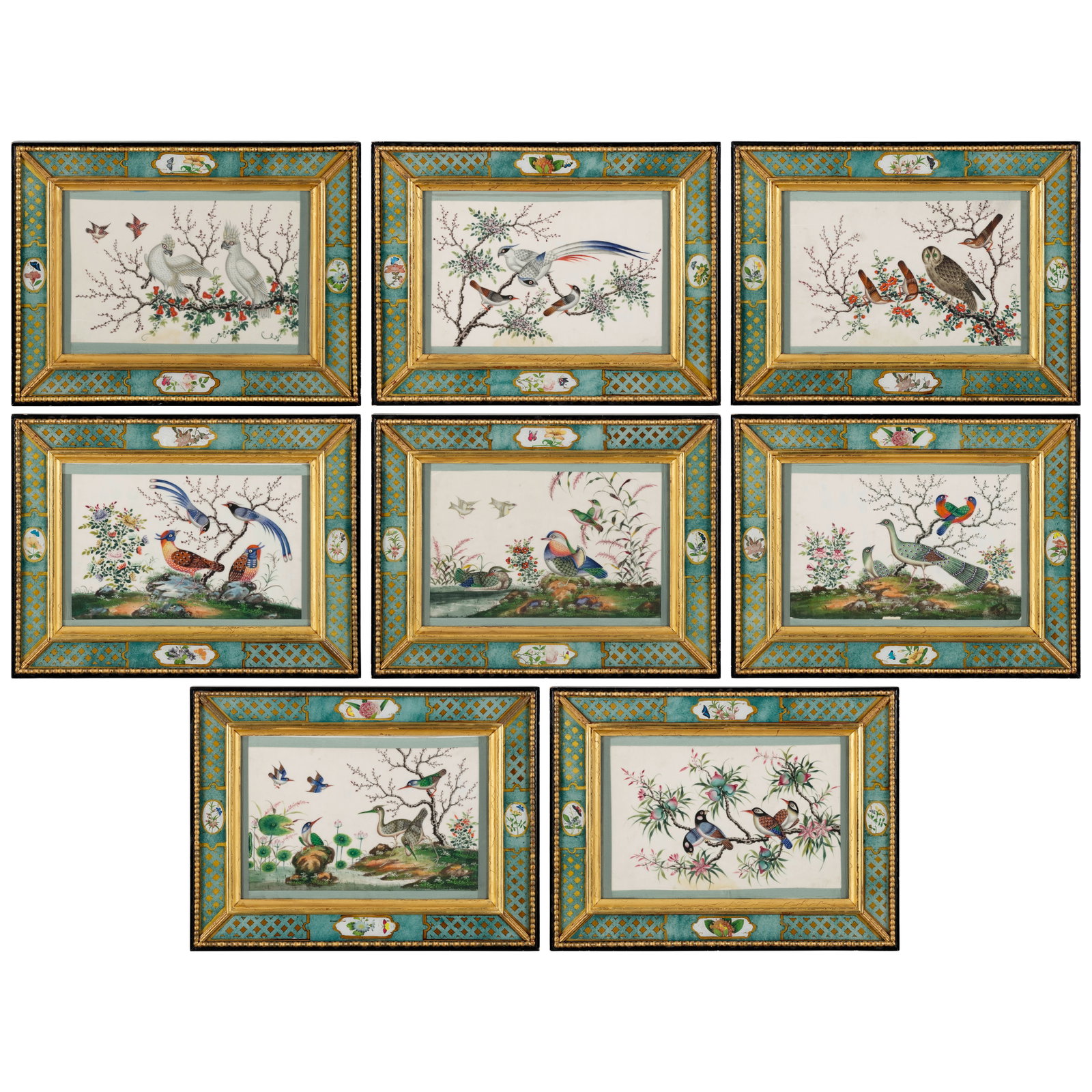 ANONYMOUS, GUANGDONG SCHOOL, (19th CENTURY) Exotic Birds (8): ANONYMOUS, GUANGDONG SCHOOL, (19th CENTURY) Exotic Birds A set of eight paintings, watercolors on pith paper, unsigned and absent of artist seals, individually framed and glazed, the frames gilt wood 