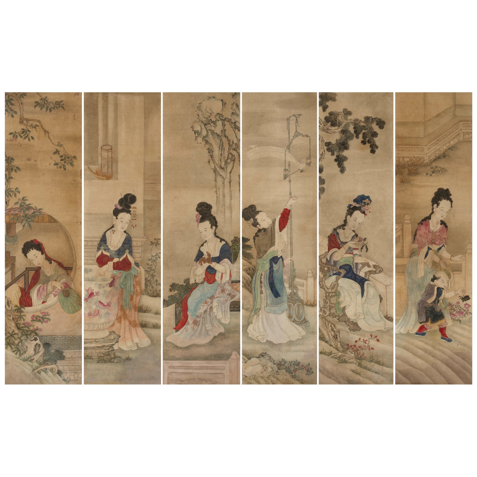 SCHOOL OF GUISEPPE CASTIGLIONE (LANG SHINING, 1688-1766) Qing Court Ladies in Western Dress, 18t...: SCHOOL OF GUISEPPE CASTIGLIONE (LANG SHINING, 1688-1766) Qing Court Ladies in Western Dress, 18th century Set of six portraits, ink and color on paper, mounted, framed and glazed, unsigned and absent 