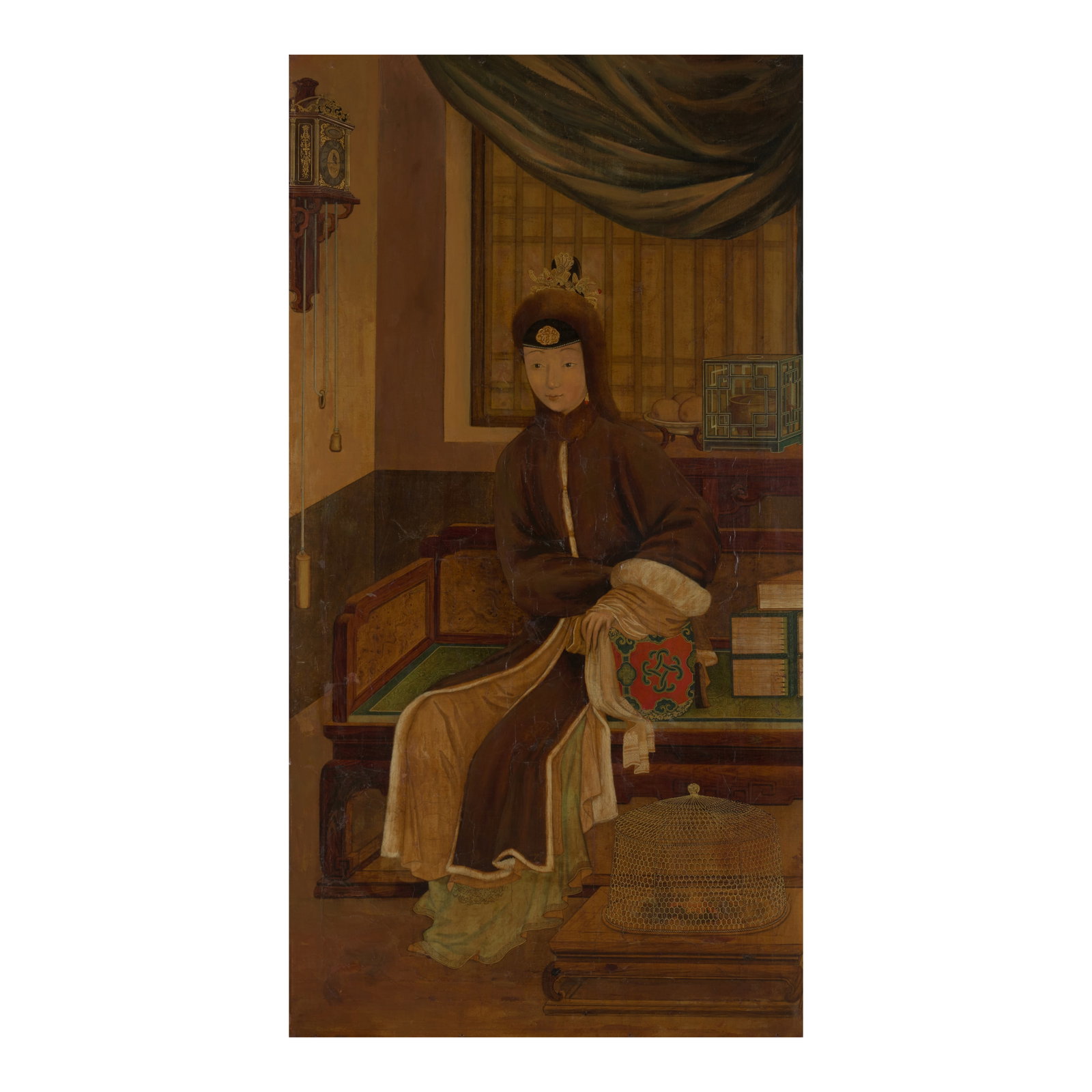 SCHOOL OF JEAN DENIS ATTIRET (WANG ZHICHENG, 1702-1768) Portrait of a Court Lady in Winter Robe...: SCHOOL OF JEAN DENIS ATTIRET (WANG ZHICHENG, 1702-1768) Portrait of a Court Lady in Winter Robe, Qianlong Period, mid-18th century Framed, oil on Korean paper, backed with cloth, unsigned and without 