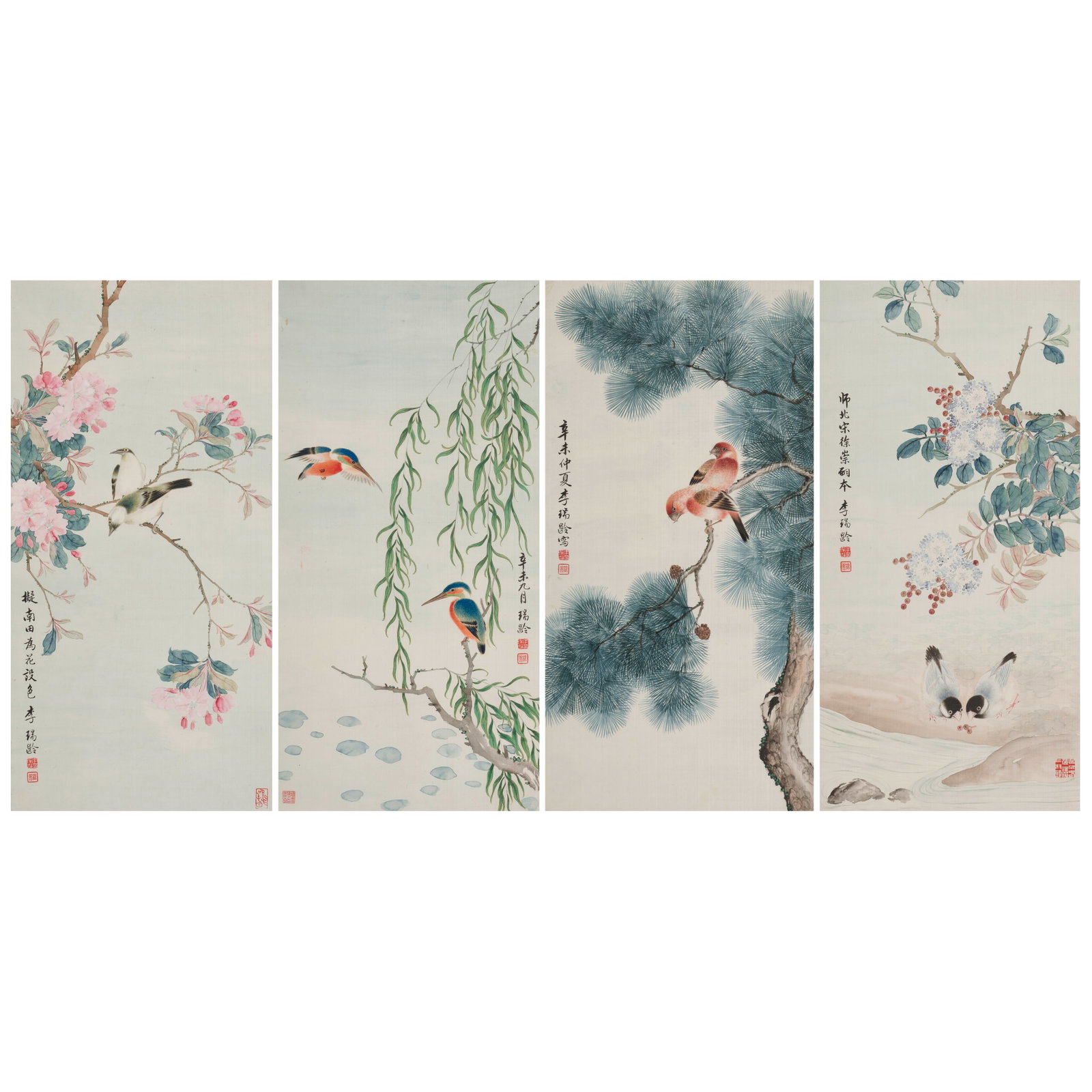 LI RUILING (1894-1972) Birds and Trees, 1931 (4): LI RUILING (1894-1972) Birds and Trees, 1931 A set of four paintings, ink and color on silk, individually framed and glazed, each inscribed by the artist, two dated xinwei, and signed Ruiling or Li Ru