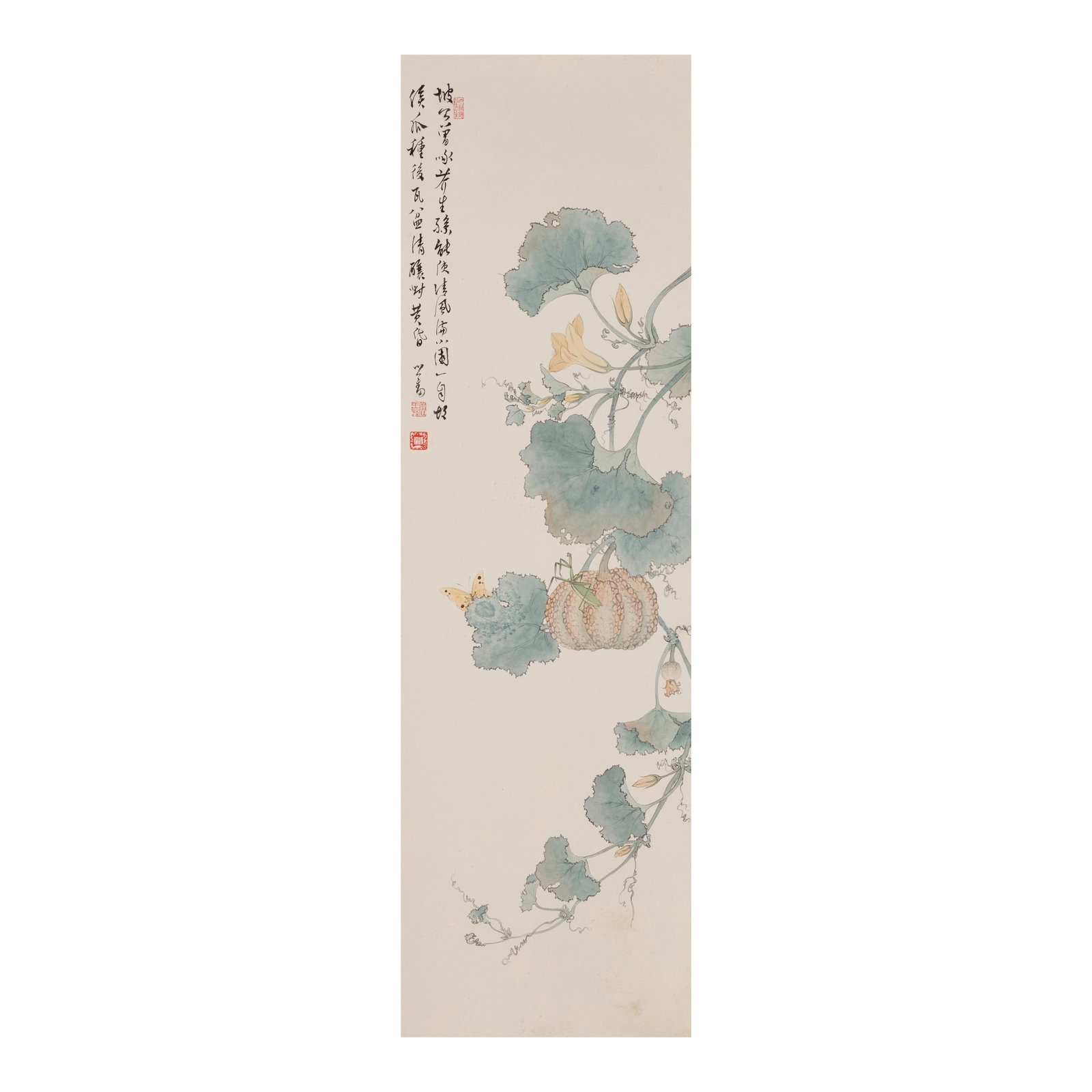 PU RU (1896-1963) Squash and Insects: PU RU (1896-1963) Squash and Insects Hanging scroll, ink and color on paper, inscribed by the artist and signed Xinyu with two artist's seals. 40 7/8 x 12 1/4in (103.8 x 31cm) Footnotes: 溥Ï