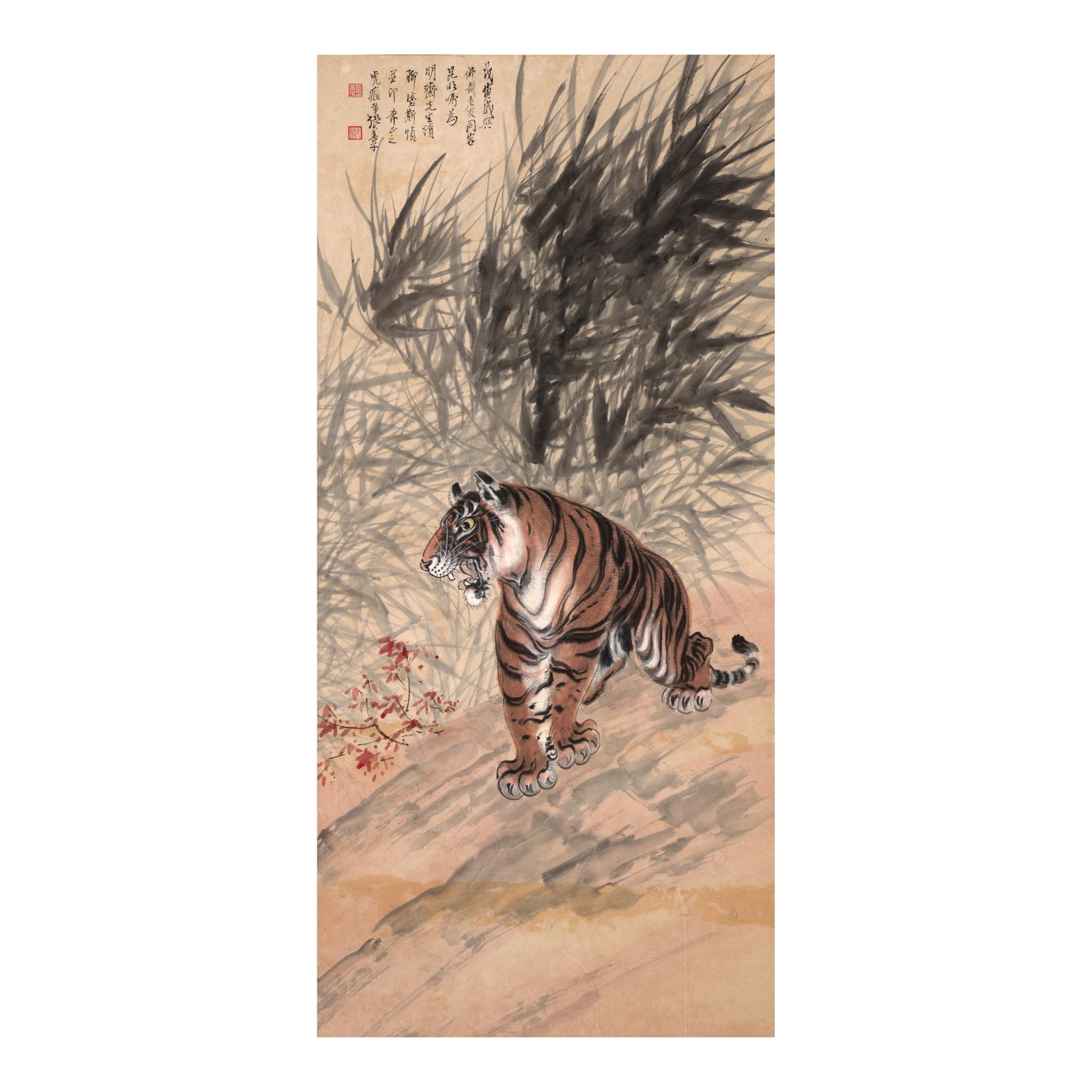 ZHANG SHANZI (1882-1940) Tiger, 1938: ZHANG SHANZI (1882-1940) Tiger, 1938 Hanging scroll, ink and color on paper, inscribed by the artist, dated wuyin, with a dedication to Mr. Mingzhai, and signed Zhang Shanzi, with two artist's se