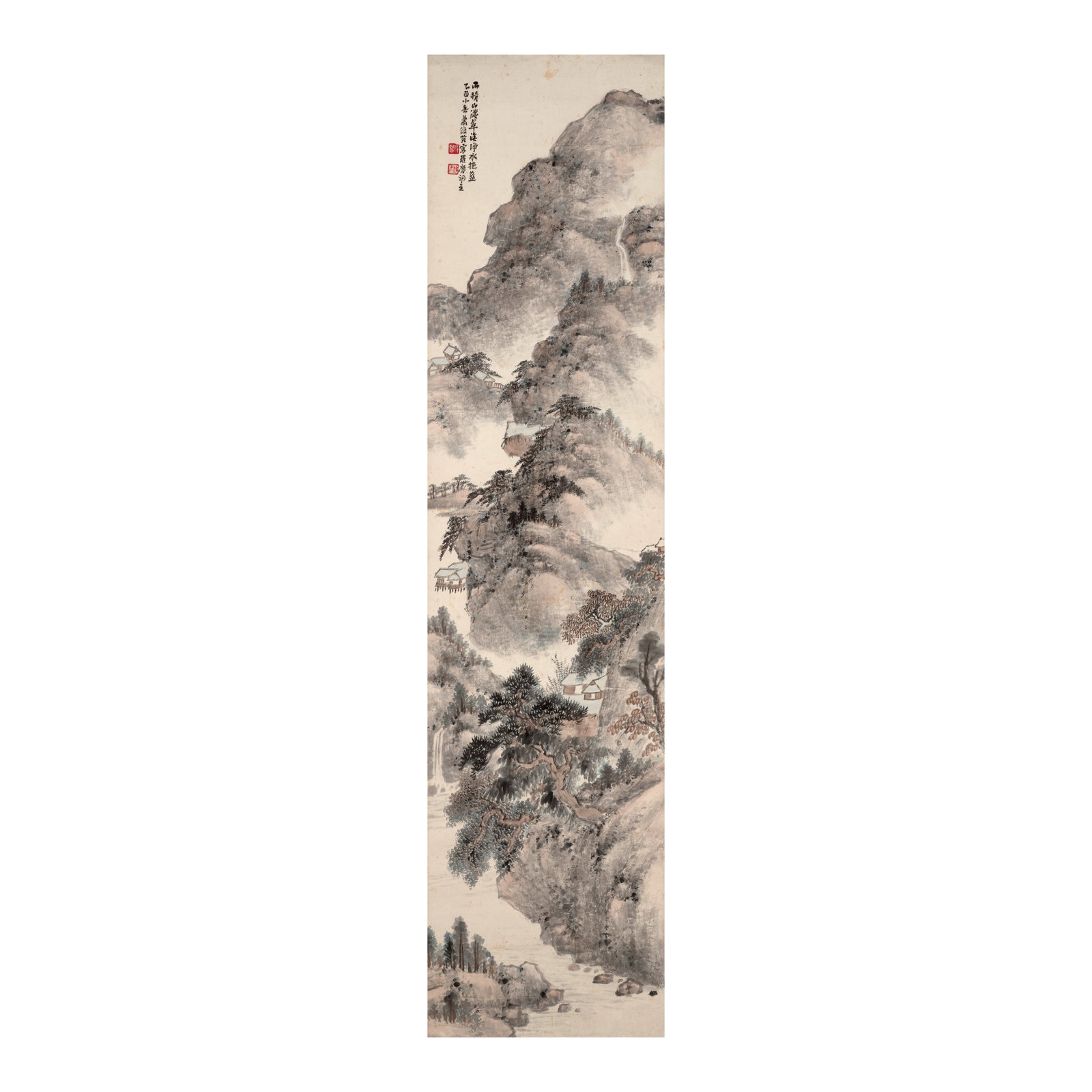 XIAO JUNXIAN (1865-1949) Landscape, 1945: XIAO JUNXIAN (1865-1949) Landscape, 1945 Hanging scroll, ink and color on paper, inscribed by the artist and dated yiyou and signed Xiao Junxian with two artist's seals. 53 x 13in (134.6 x 33cm) Footn