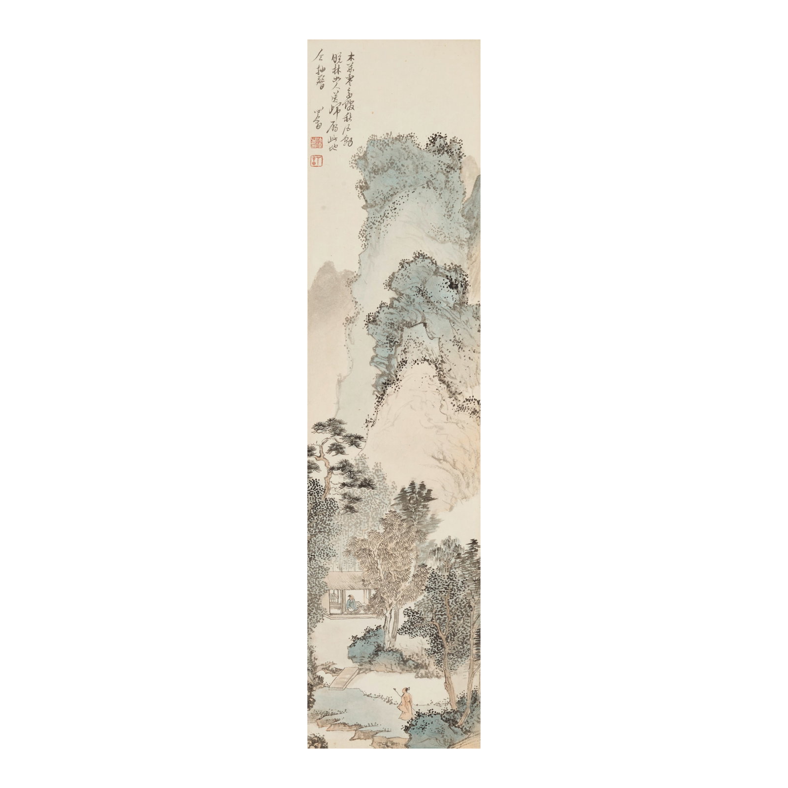 PU RU (1896-1963) Landscape: PU RU (1896-1963) Landscape Hanging scroll, ink and color on paper, inscribed by the artist and signed Xinyu with two artist's seals. 23 3/4 x 5 3/4in (60.5 x 15cm) Footnotes: 溥儒 （