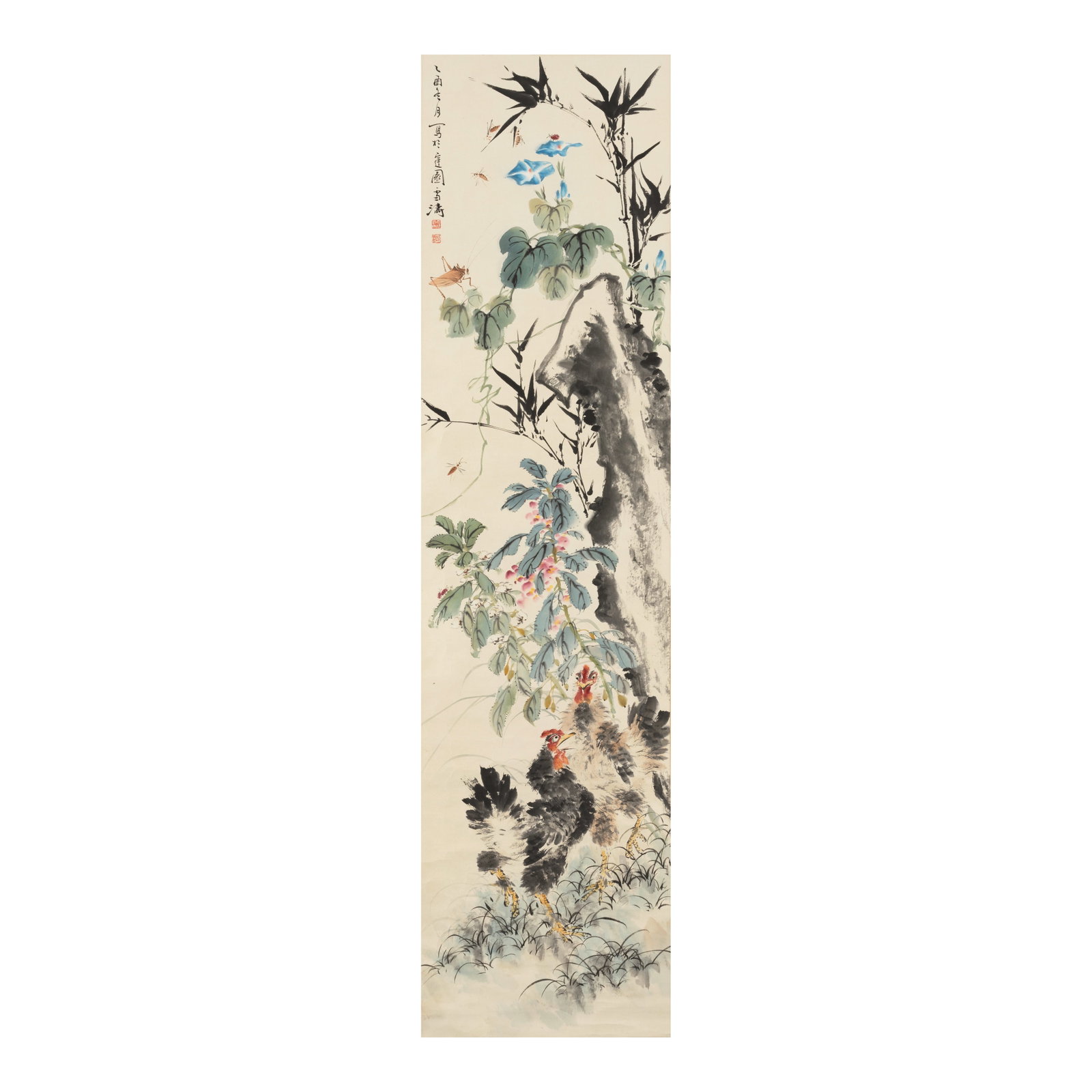 WANG XUETAO (1903-1982) Roosters, Flowers and Insects, 1945: WANG XUETAO (1903-1982) Roosters, Flowers and Insects, 1945 Hanging scroll, ink and color on paper, inscribed by the artist and dated yiyou, signed Xuetao with two artist's seals. 53 1/2 x 13 1/2in (1