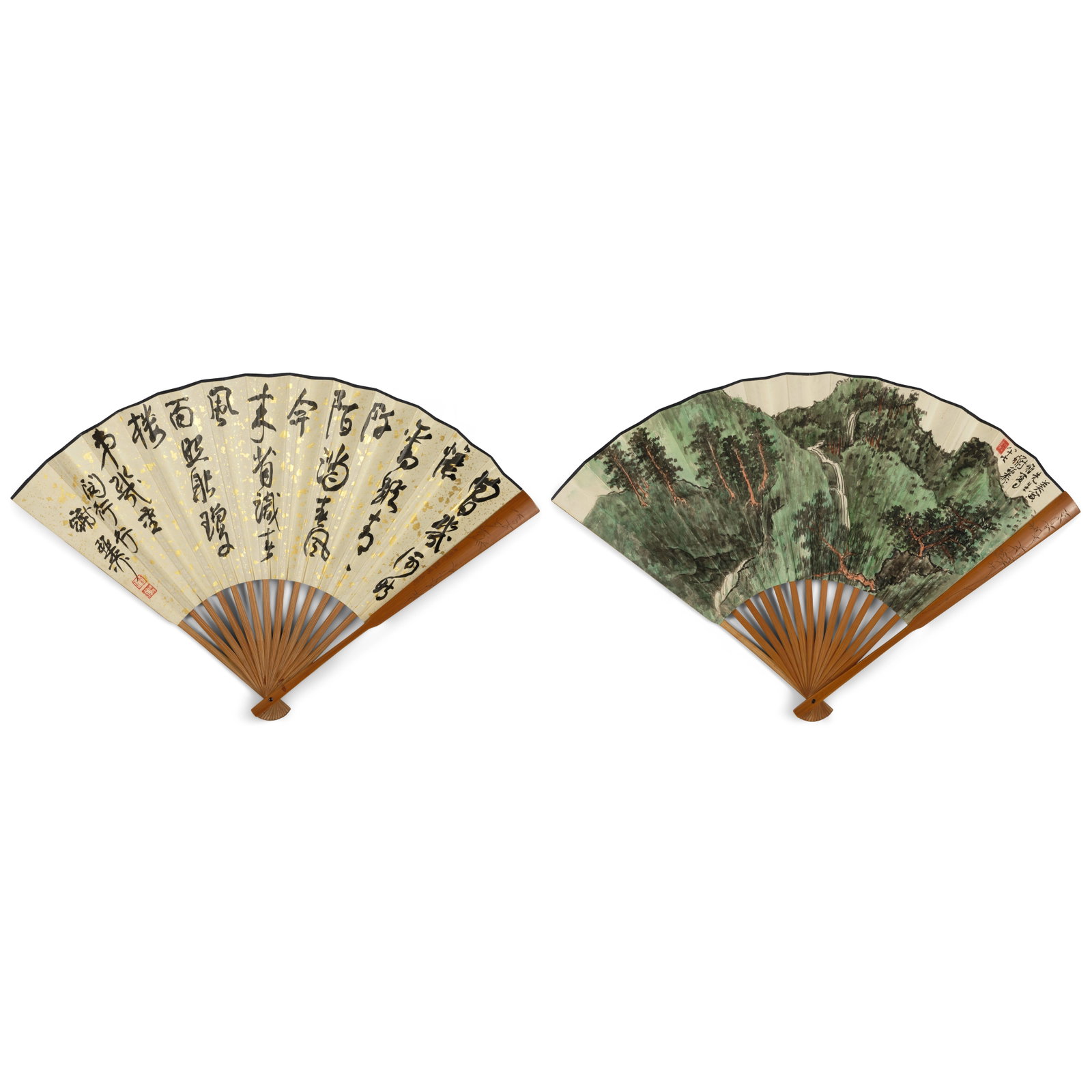 XIE ZHILIU (1910-1997) Landscape and Calligraphy, for Zhang Meiyin, 1997: XIE ZHILIU (1910-1997) Landscape and Calligraphy, for Zhang Meiyin, 1997 Folding fan, one side with a landscape, ink and color on paper, inscribed by the artist with a dedication and signed Xie Zhiliu